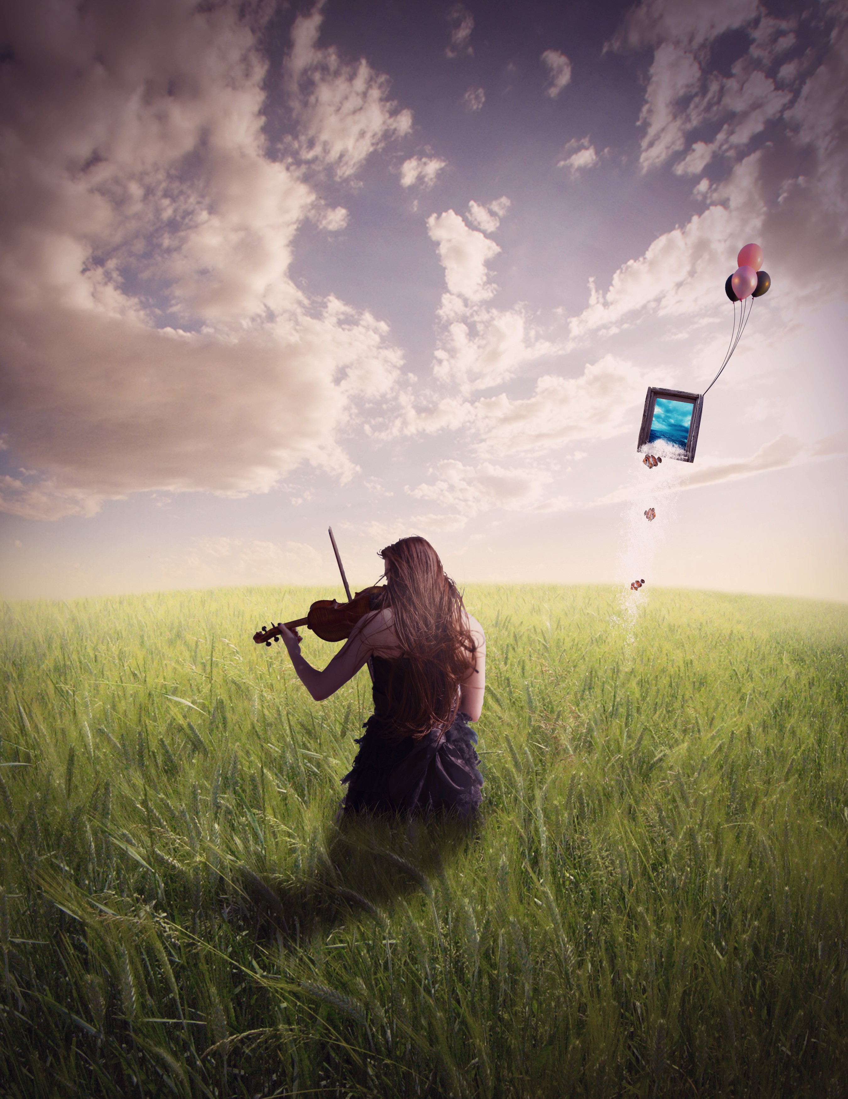 General 2700x3500 field women digital art women outdoors plants sky clouds balloon violin musical instrument long hair music