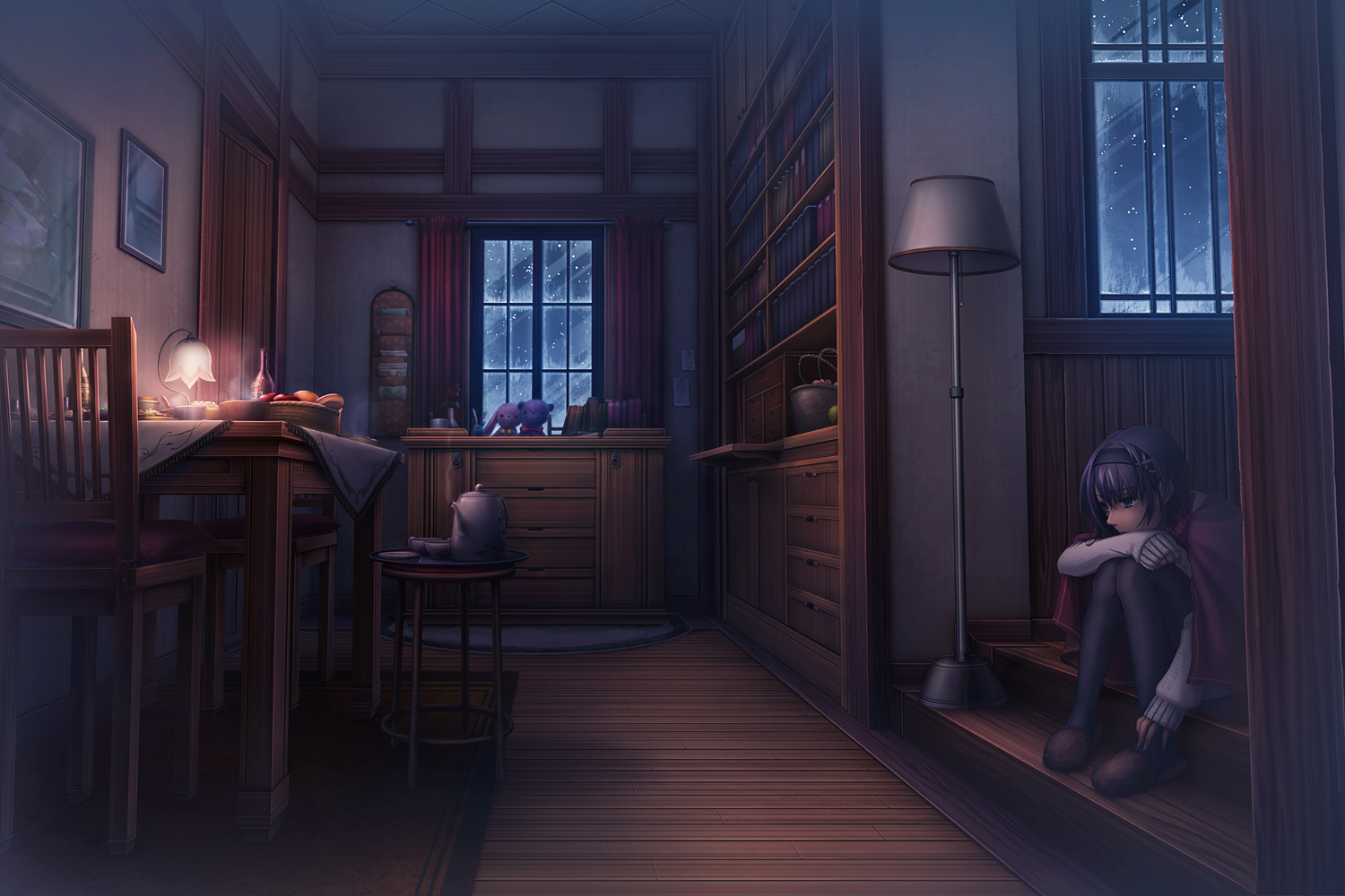 Anime 1500x1000 anime anime girls original characters room sitting alone house interior night winter cold