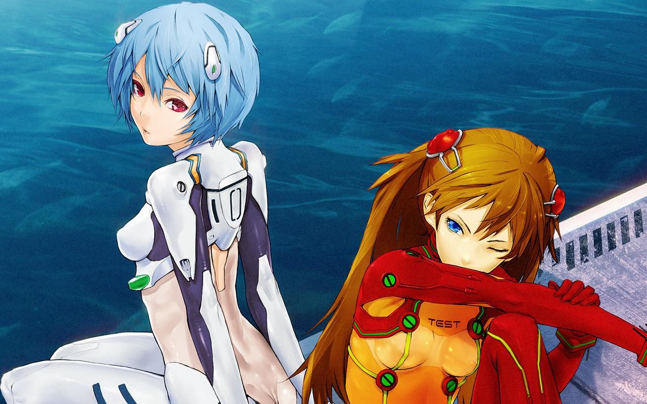 Anime 1280x800 Ayanami Rei Nerv bodysuit armor Redjuice Asuka Langley Soryu anime girls two women one eye closed red eyes looking at viewer blue eyes blue hair brunette anime