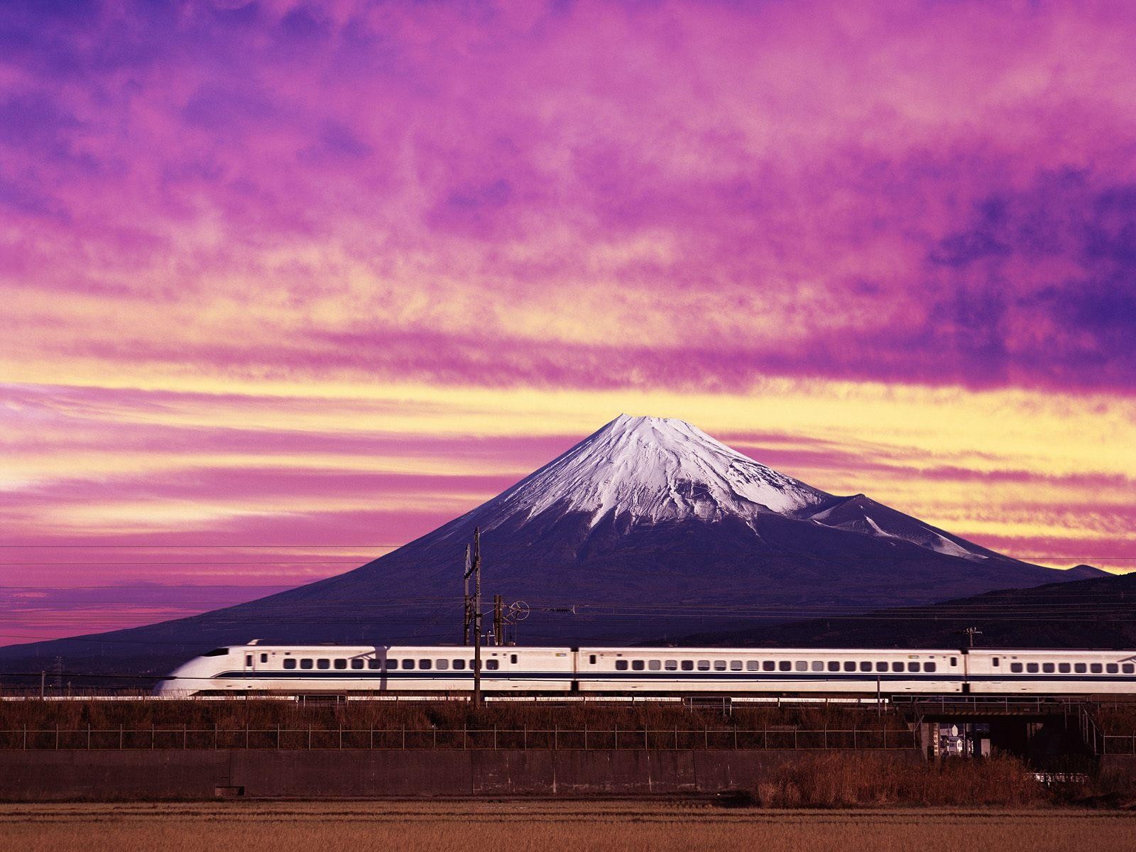 General 1600x1200 Japan Mount Fuji train purple sky landscape Shinkansen Asia vehicle volcano sky clouds