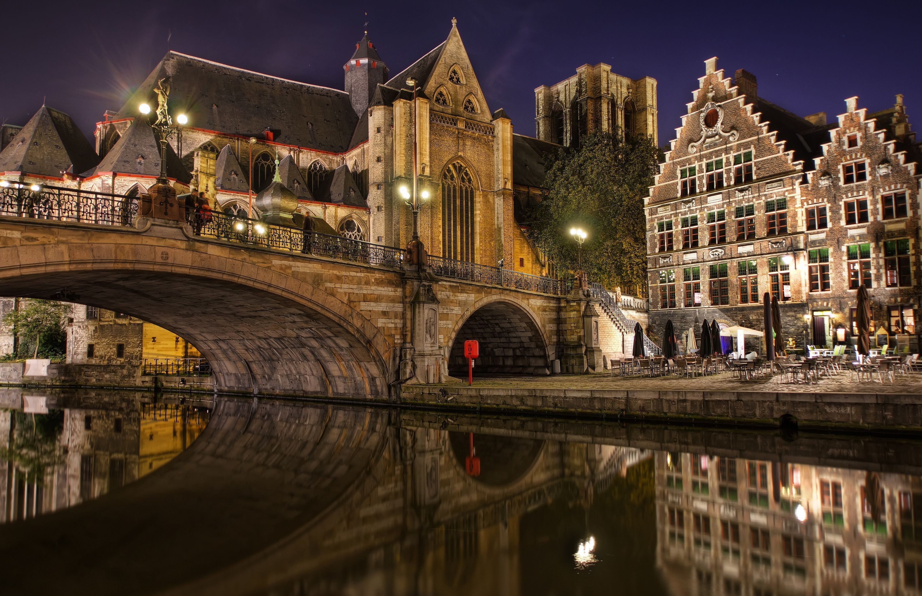 General 3200x2067 cityscape architecture night lights long exposure building bridge river old building reflection church Gent Belgium town house tower ancient water cathedral