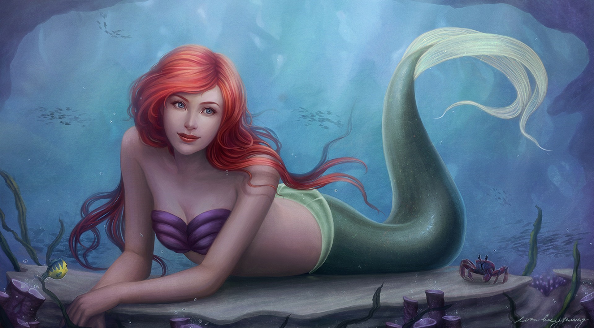 General 1919x1060 fantasy art soft shading The Little Mermaid women mermaids redhead long hair red lipstick underwater