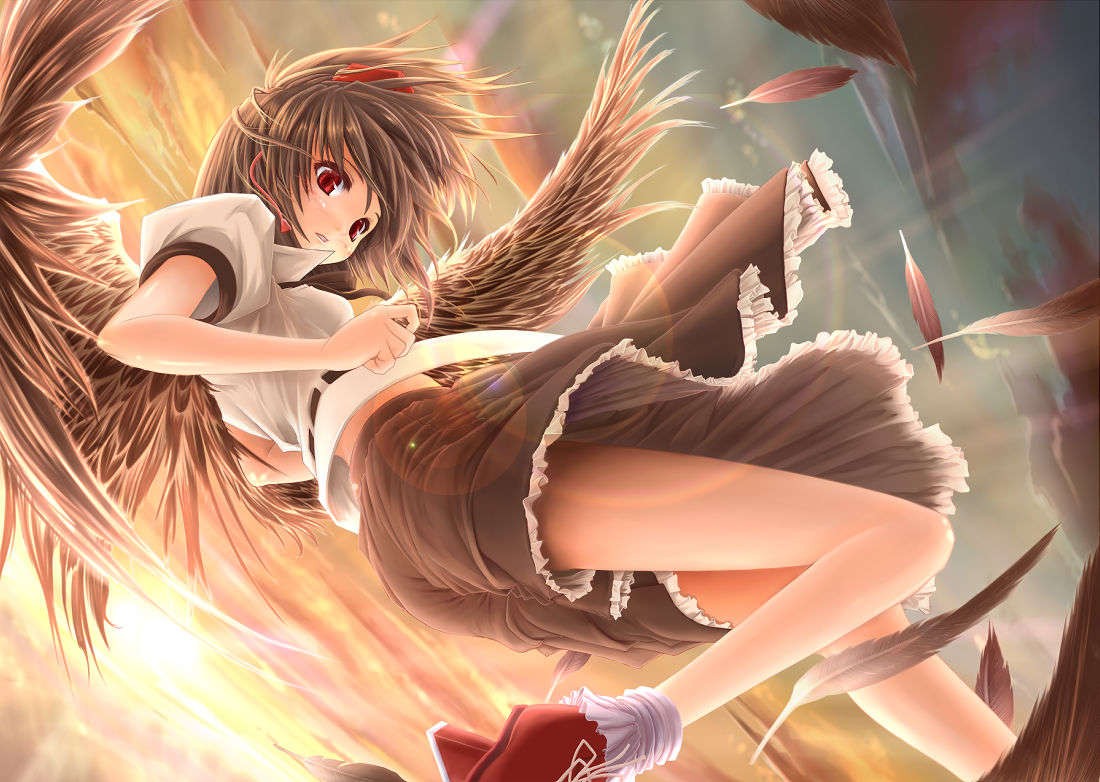 Anime 1100x782 anime girls samurai Touhou Shameimaru Aya fantasy art fantasy girl legs red eyes brunette