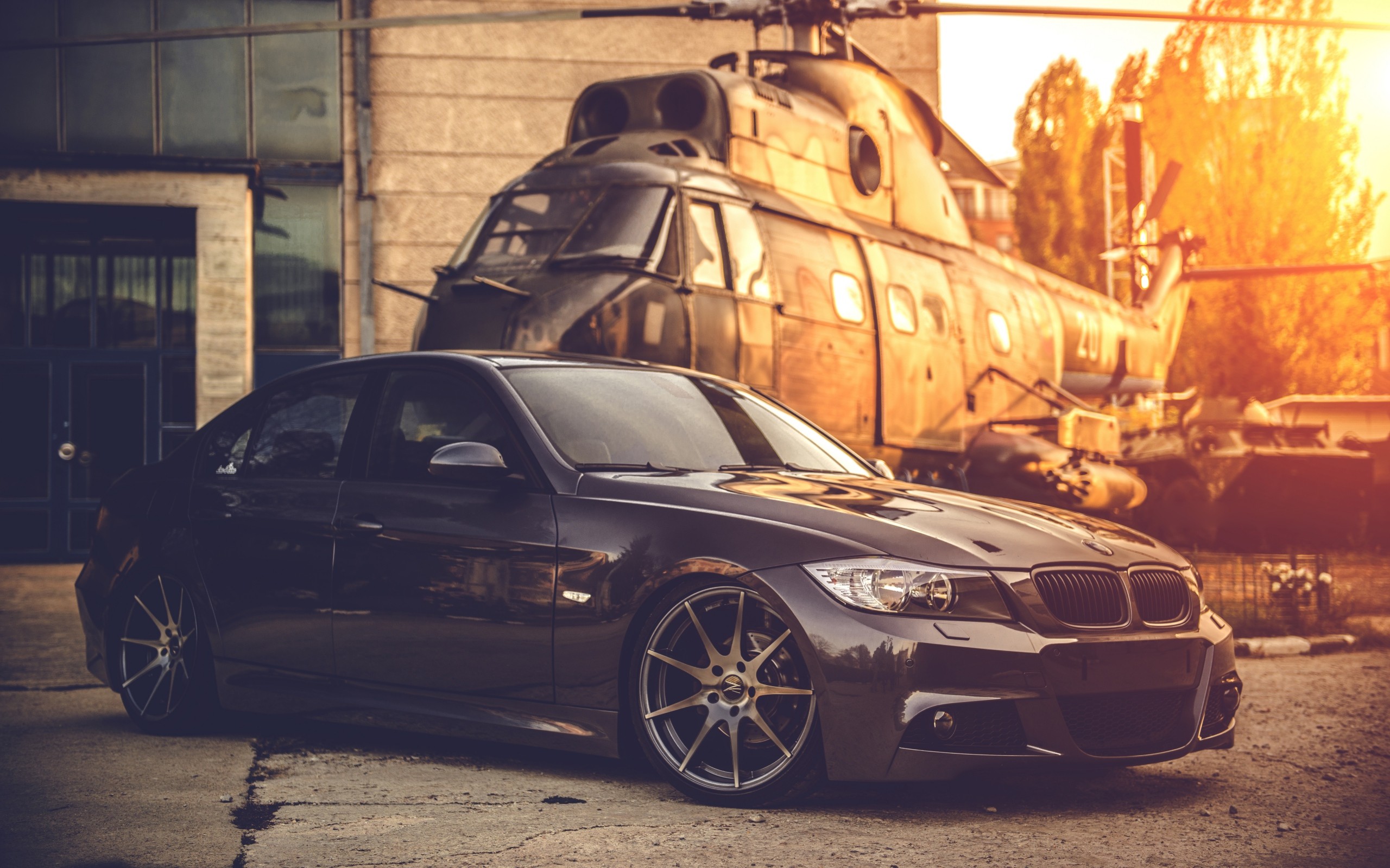 General 2560x1600 car sunset helicopters BMW E90 sunlight vehicle BMW 3 Series BMW German cars