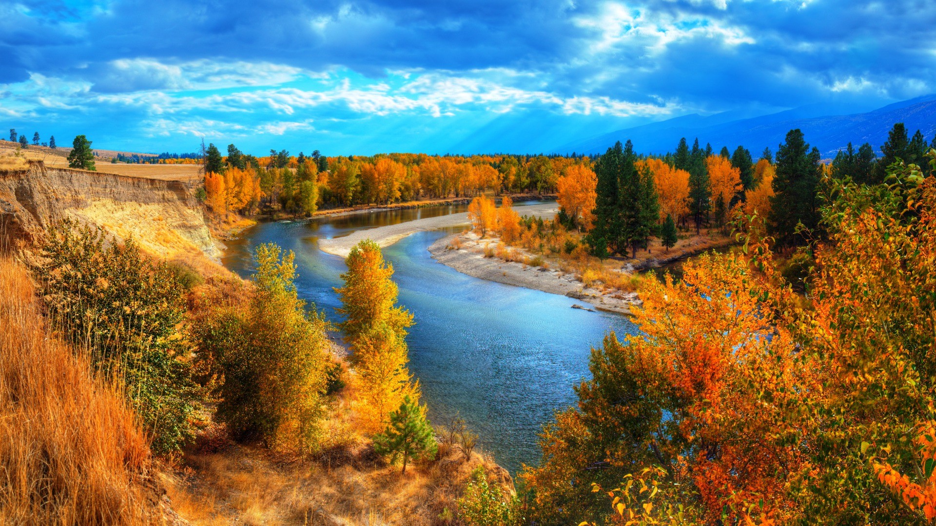 General 1920x1080 nature landscape river fall sky clouds trees