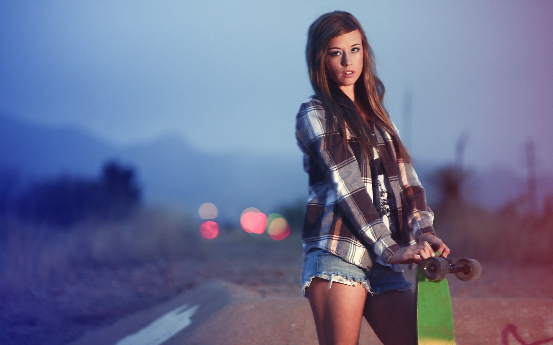 People 1920x1200 Teravena Sugimoto women model brunette women outdoors skateboard long hair parted lips jean shorts standing thighs looking at viewer Daisy Dukes plaid shirt