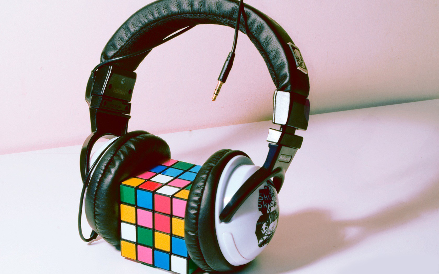 General 1680x1050 headphones Rubik's Cube simple background wires colorful cube 3D Blocks audio-technica