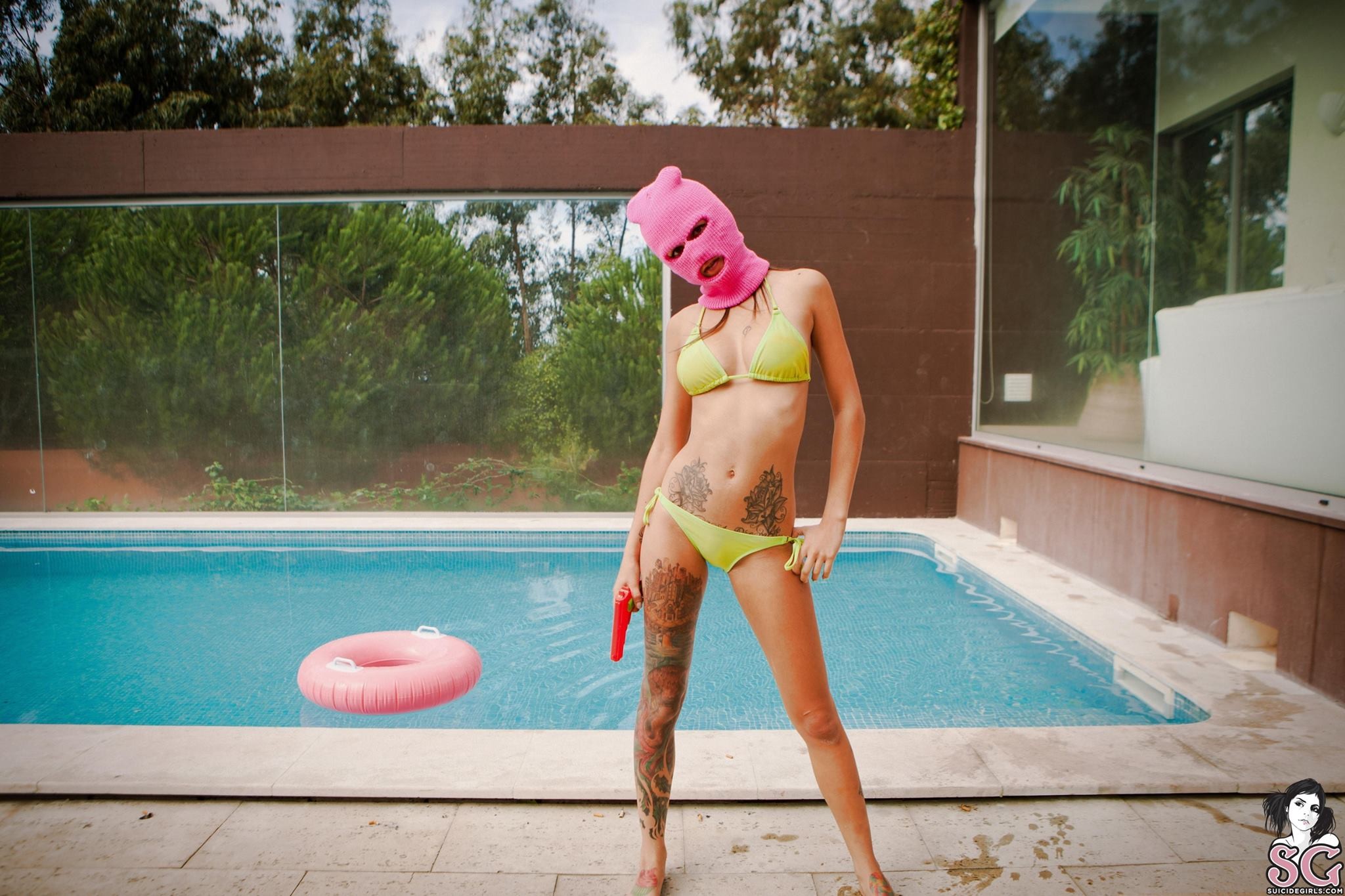 People 2048x1365 tattoo women bikini swimming pool Suicide Girls inked girls belly standing women outdoors outdoors mask water legs ski mask model