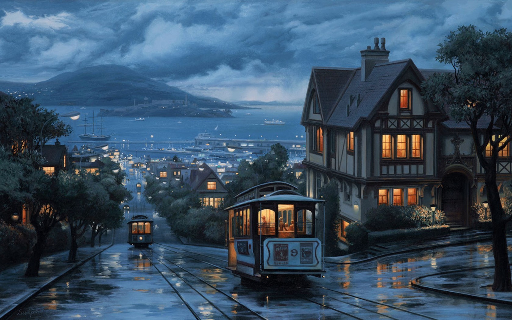 General 1680x1050 San Francisco cityscape city Alcatraz painting USA vehicle wet street railway tram