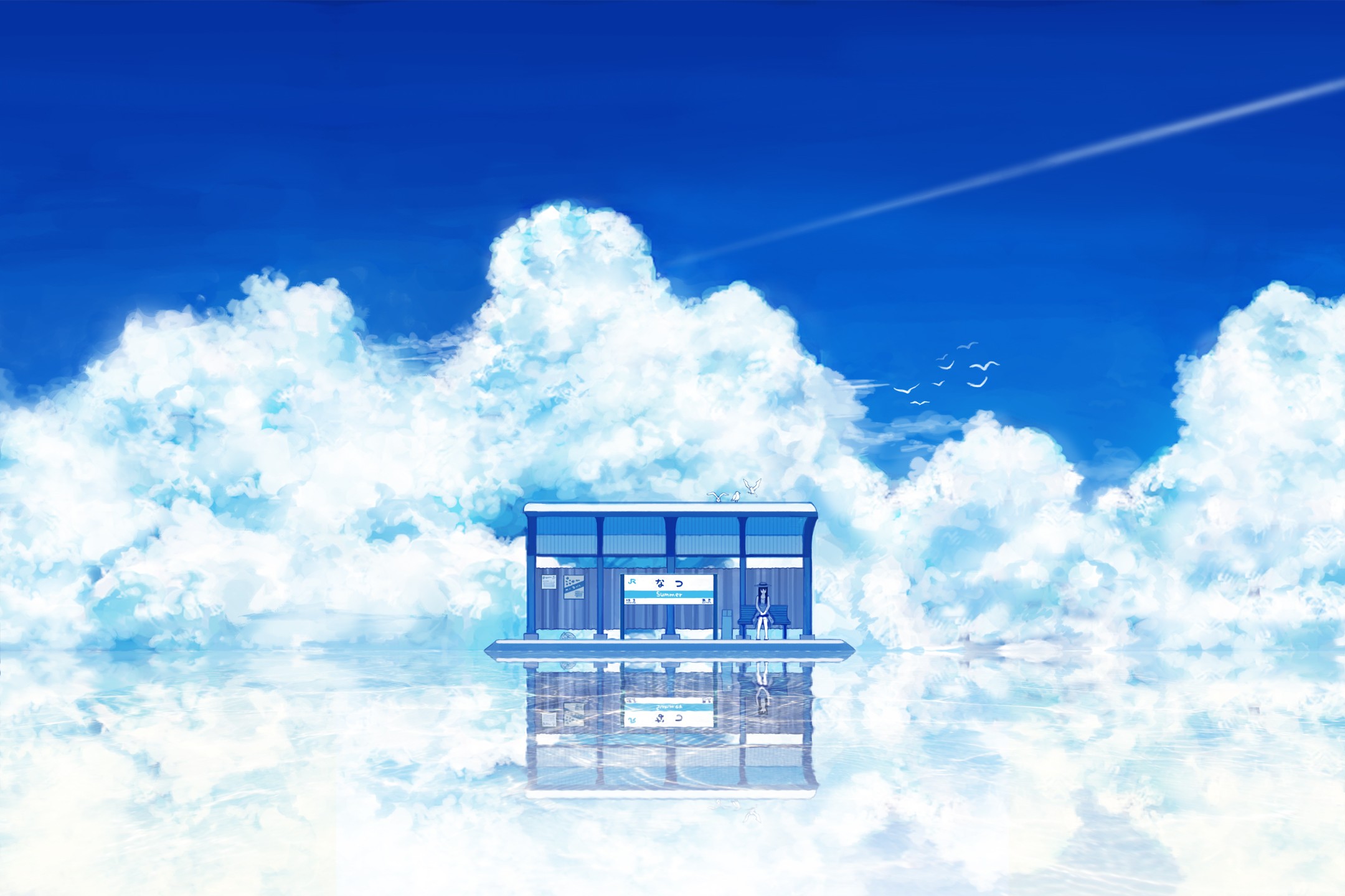 Anime 2160x1440 train station sky reflection anime artwork fantasy art clouds detailed summer digital art anime girls birds bus stop blue sitting Pixiv