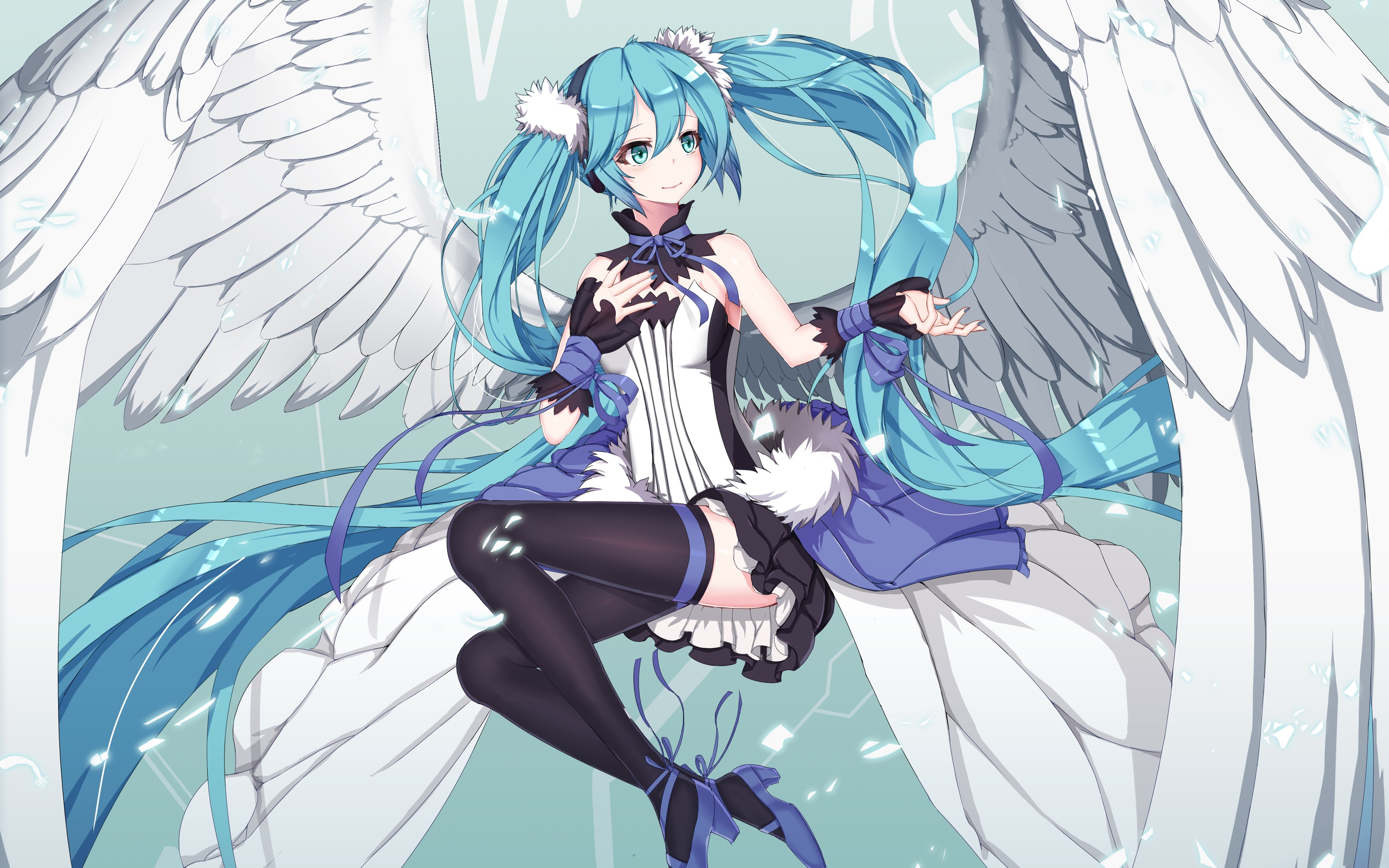 Anime 4133x2583 Hatsune Miku wings twintails angel Vocaloid stockings black stockings cyan hair long hair anime anime girls