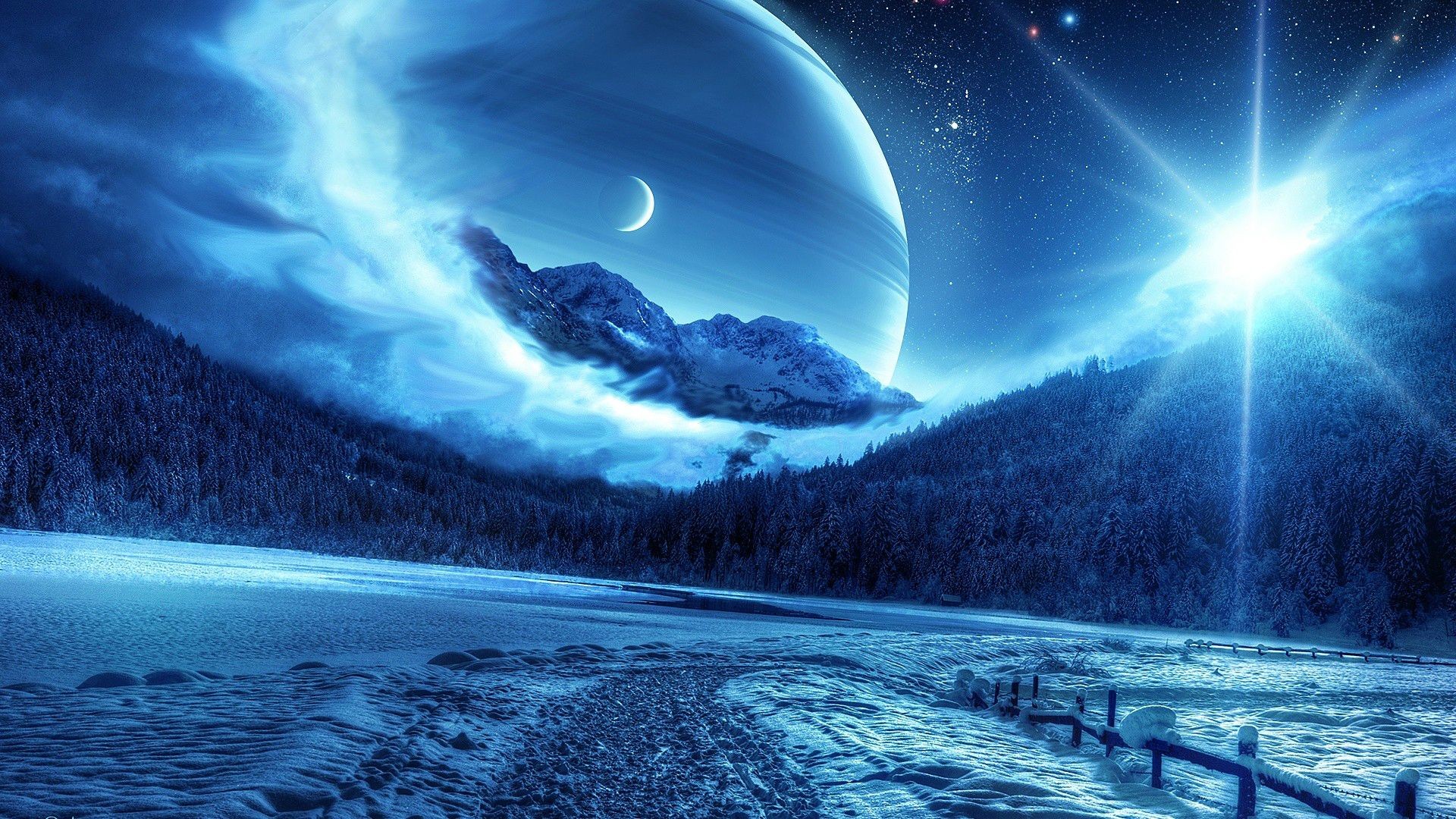 General 1920x1080 nature photo manipulation planet Moon landscape snow mist stars night starry night fence path pine trees forest digital art sky winter cold outdoors