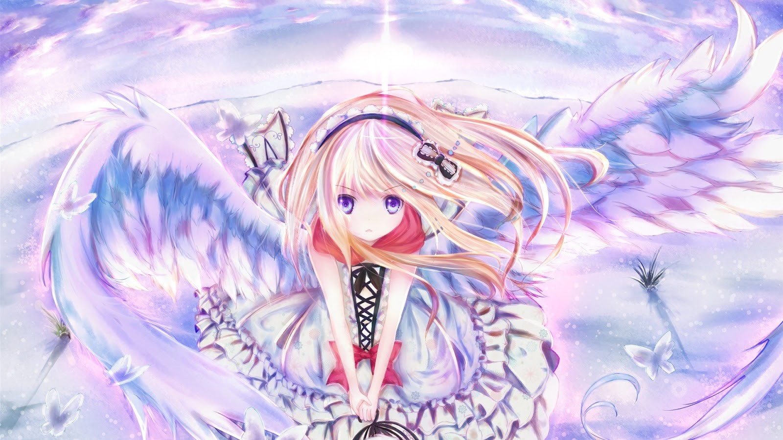 Anime 1600x900 anime anime girls wings blonde angel original characters purple eyes long hair fantasy art fantasy girl