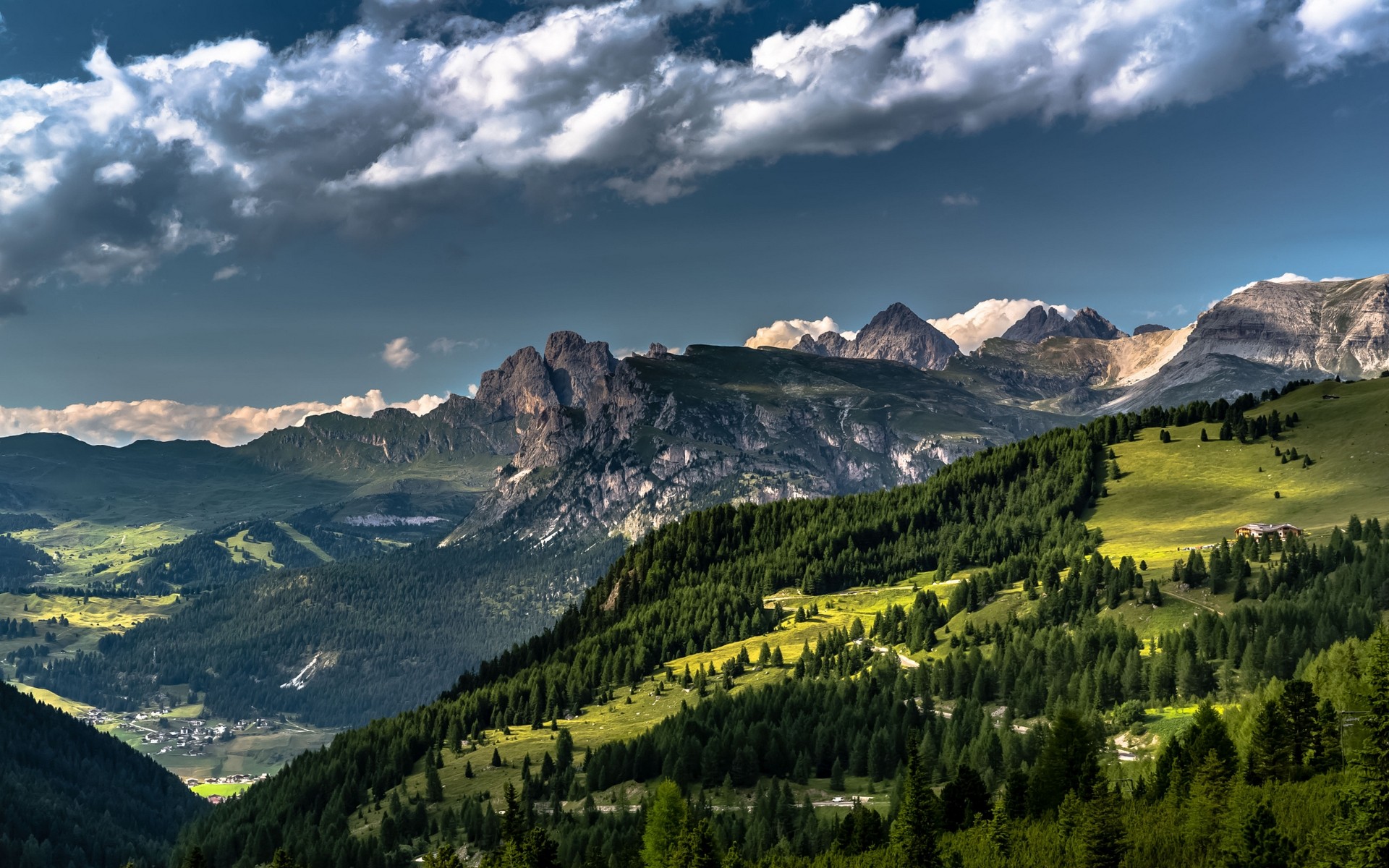 General 1920x1200 nature landscape Dolomites Alps forest summer grass clouds Italy village valley mountains