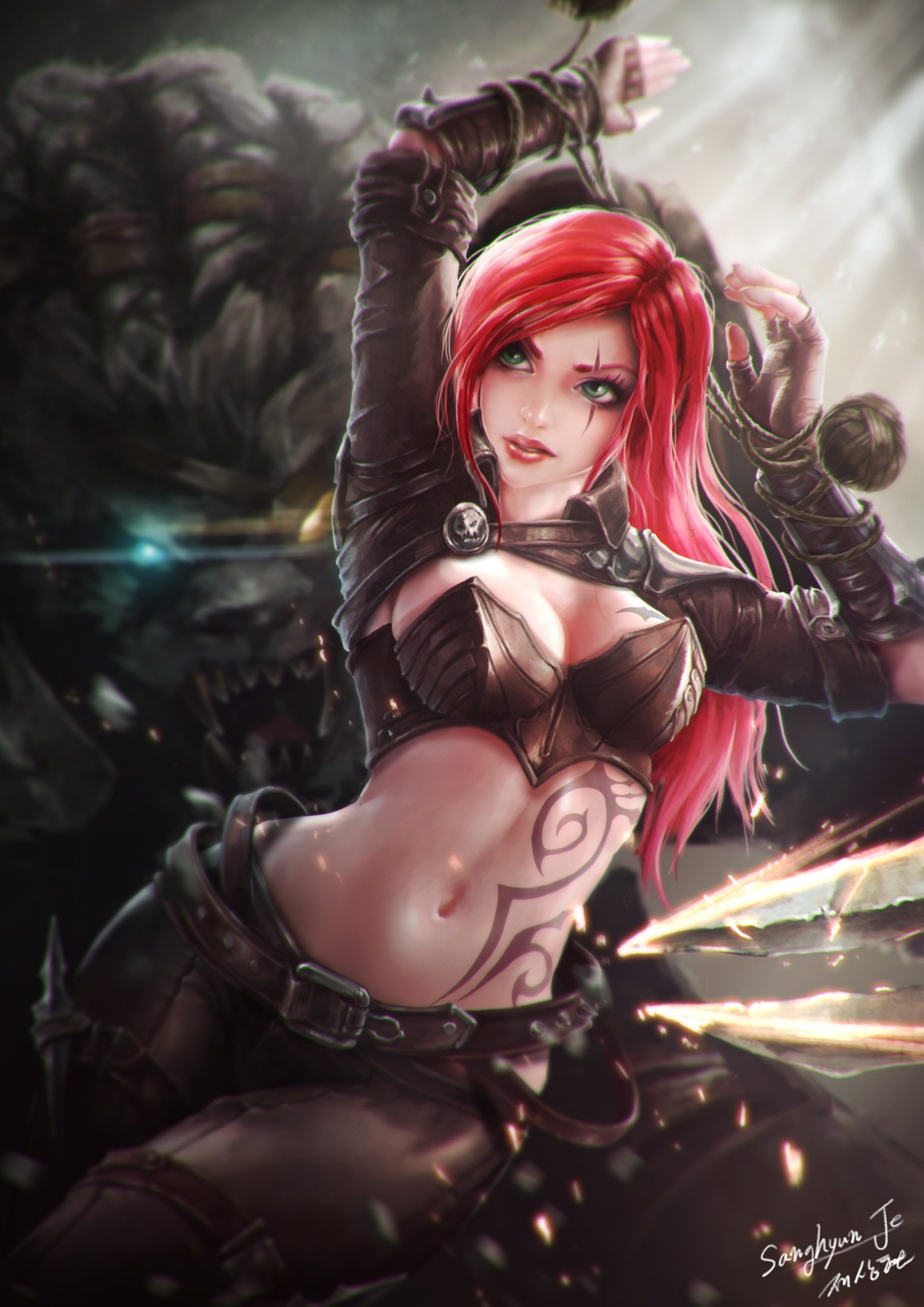 Anime 1240x1754 realistic Sanghyun Je League of Legends Katarina (League of Legends) PC gaming women fantasy girl video game girls video game characters boobs bra belly green eyes