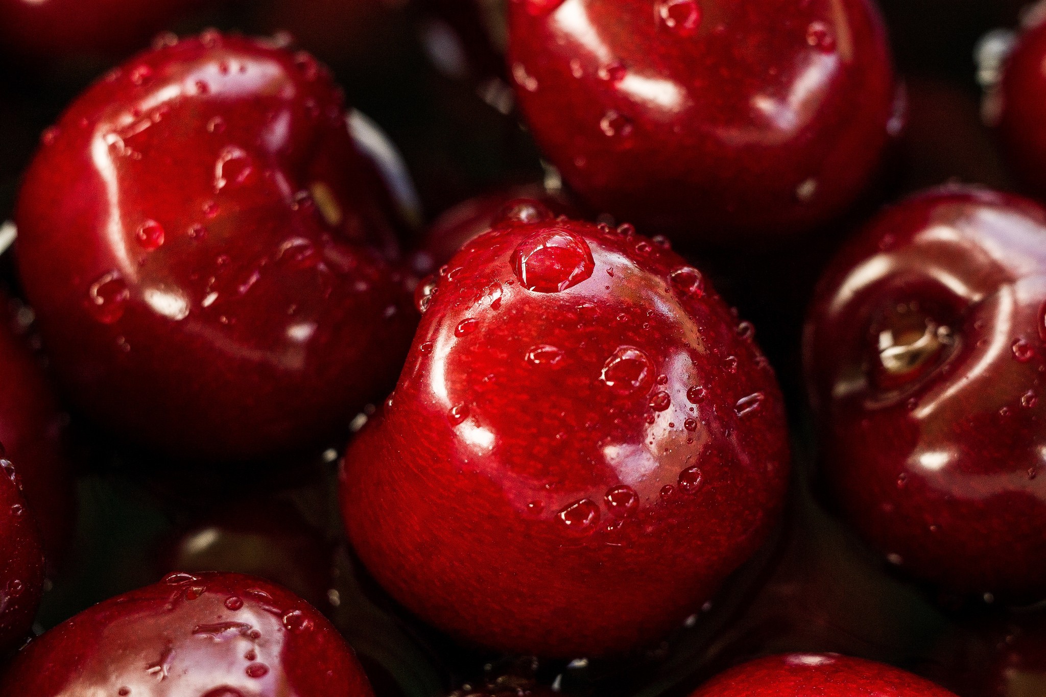 General 2048x1365 fruit water drops red cherries macro