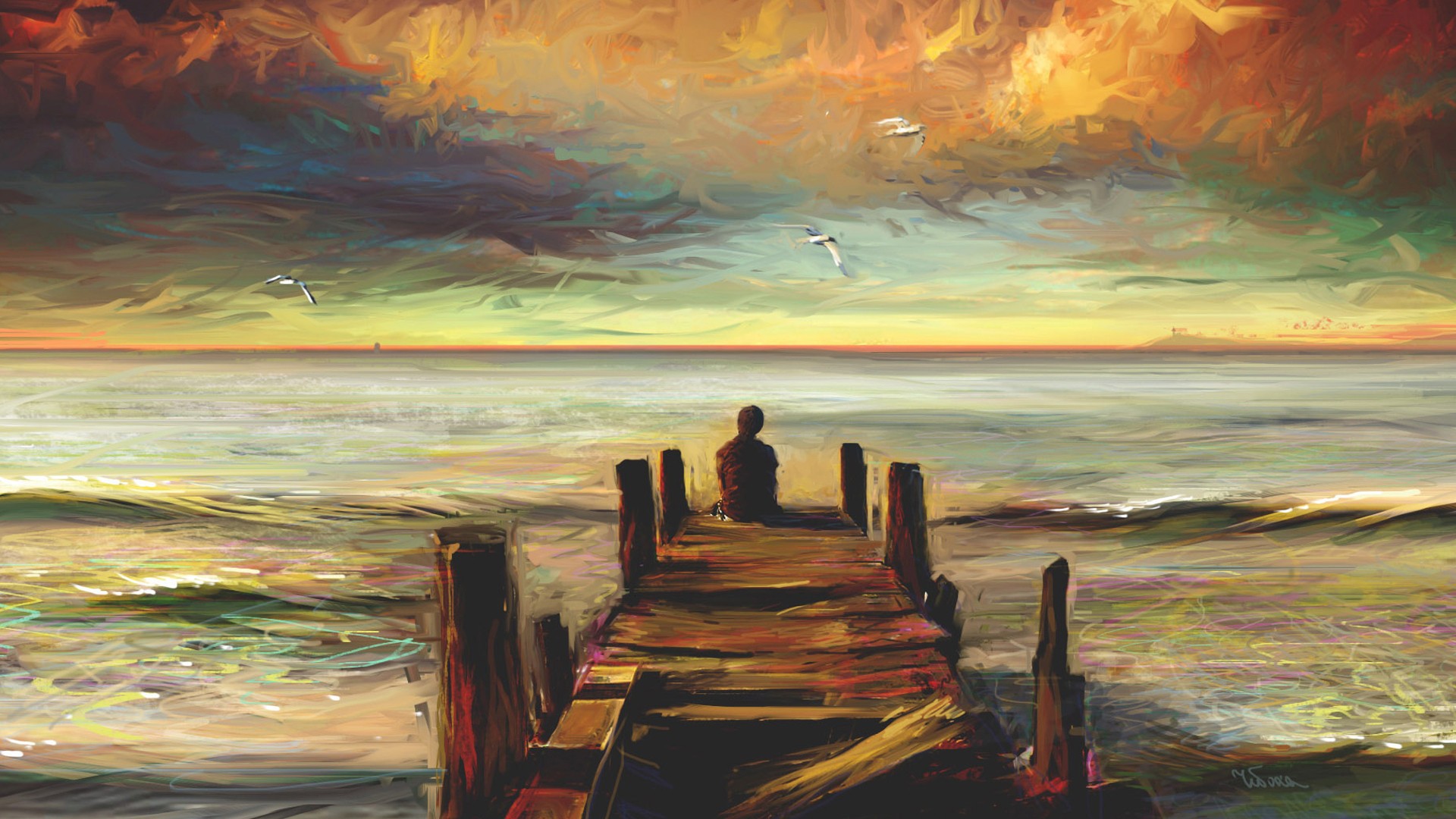 General 1920x1080 pier artwork painting sky sea solice waves brown seagulls wooden surface looking into the distance wood