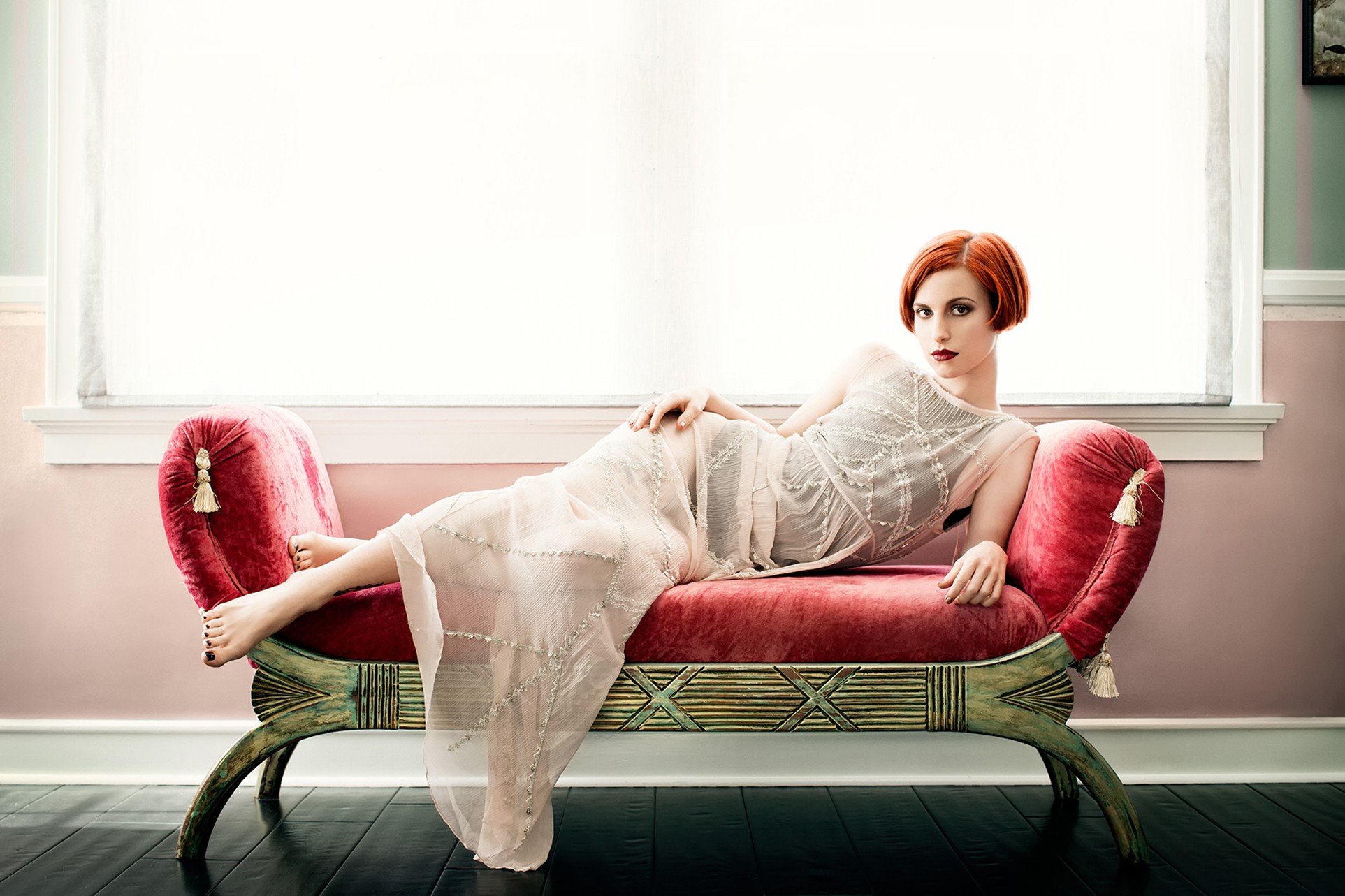 People 1925x1283 Hayley Williams women redhead short hair pale see-through clothing lying on side looking at viewer smoky eyes tiptoe barefoot women indoors legs legs together makeup red lipstick indoors painted toenails