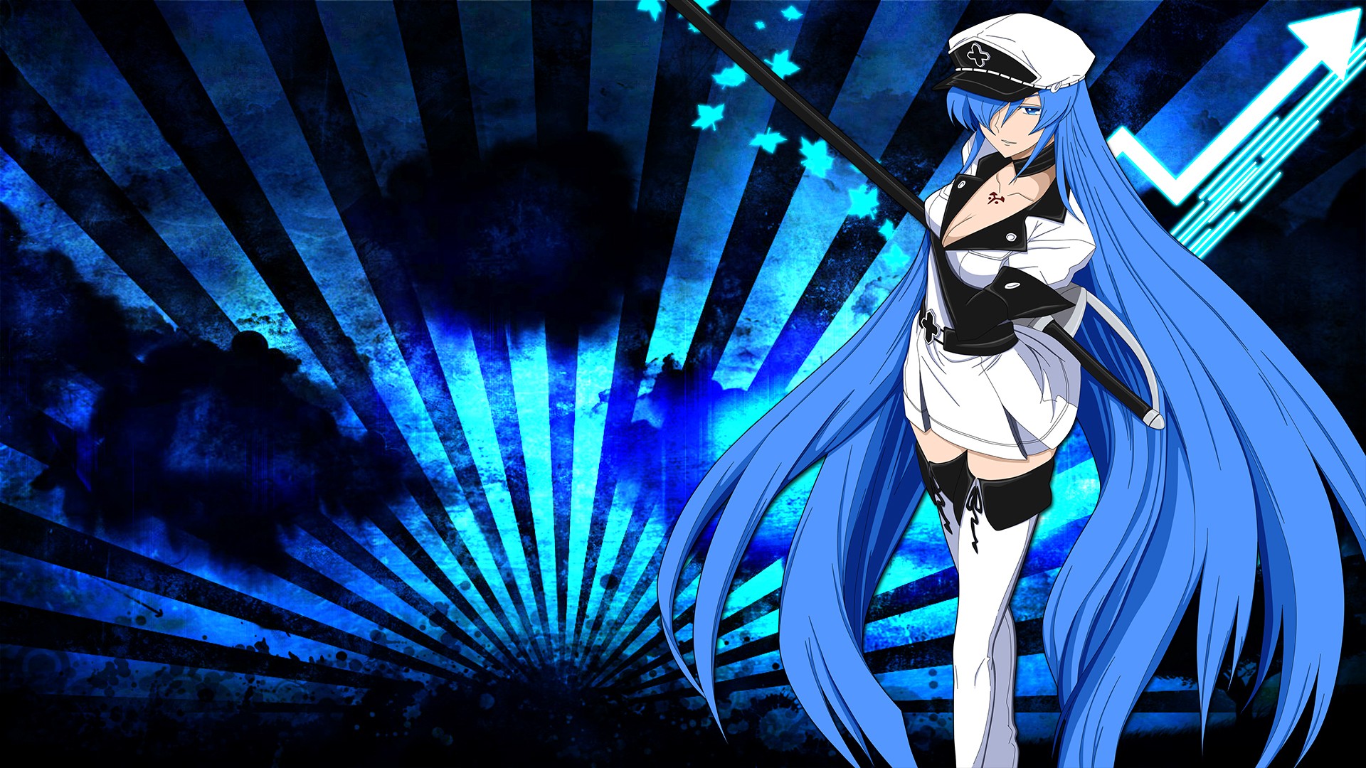 Anime 1920x1080 anime anime girls Esdeath (Akame Ga Kill!) Akame ga Kill! hat blue hair cleavage stockings blue background long hair women with hats