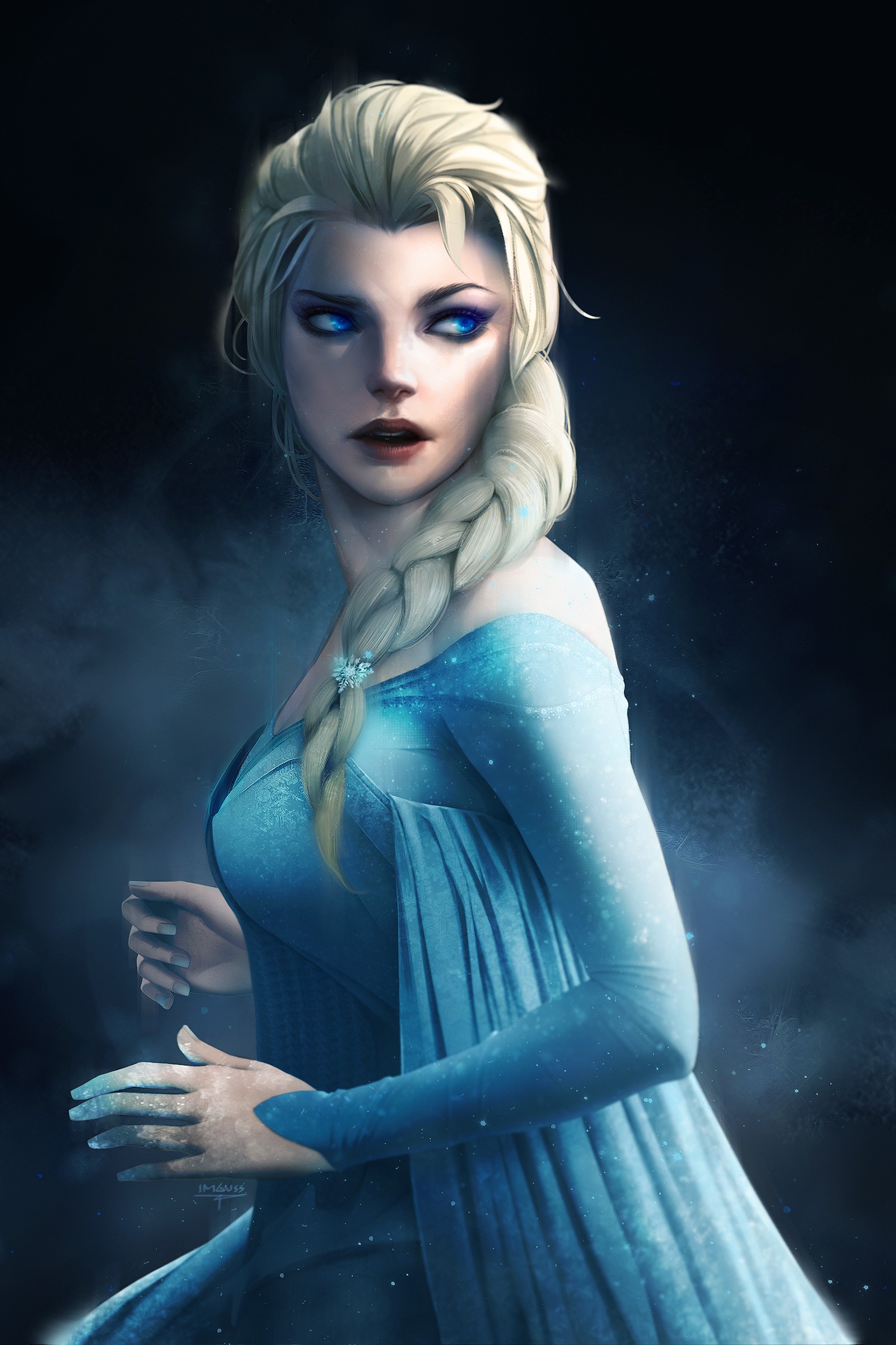 General 1600x2400 Princess Elsa artwork Frozen (movie) fantasy girl women blue dress dress blonde long hair cyan nails painted nails looking away Disney