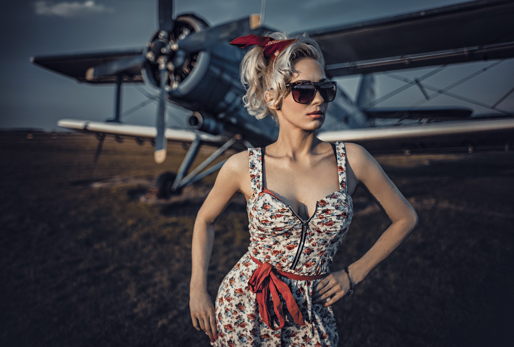 People 2048x1382 women with glasses model blonde aircraft Antonov An-2 women vehicle women with shades dress propeller women outdoors women with planes