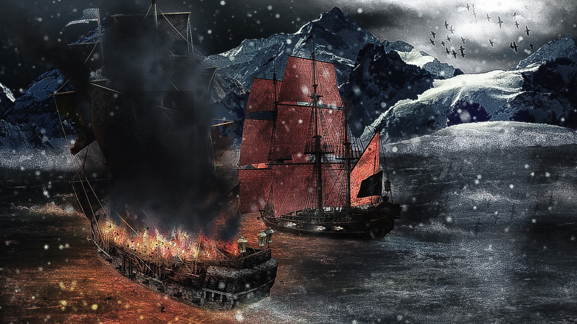 General 1920x1080 pirates ship snow sea mountains sailing ship vehicle digital art