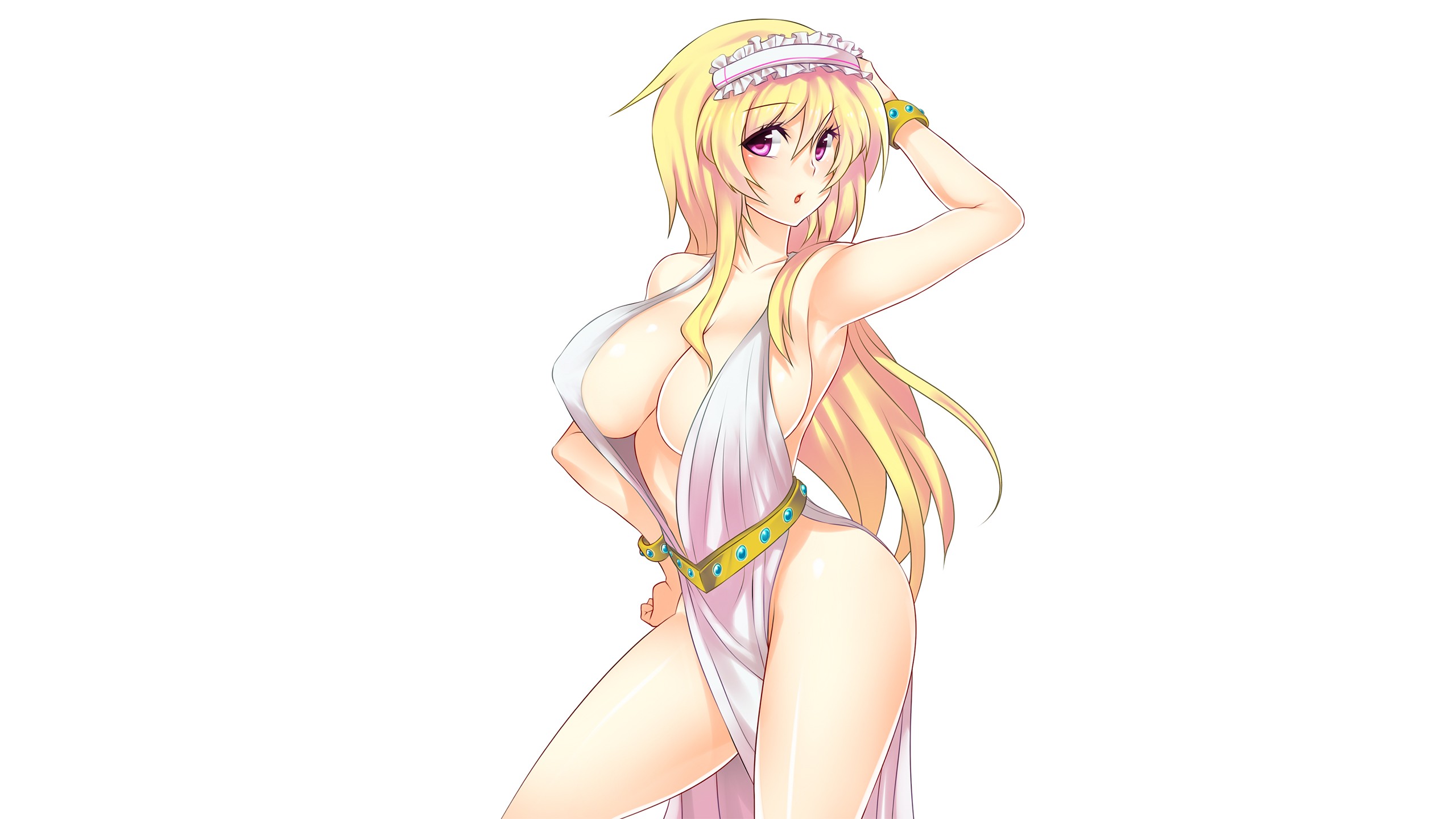 Anime 2560x1440 big boobs Uncraft Me! cleavage huge breasts blonde pink eyes anime anime girls white background simple background women curvy one arm up standing long hair