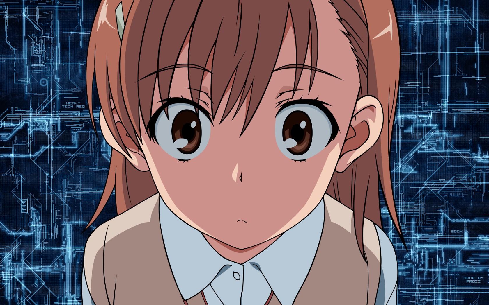 Anime 1680x1050 Misaka Mikoto To Aru Kagaku no Railgun anime brunette brown eyes blue background looking at viewer anime girls face