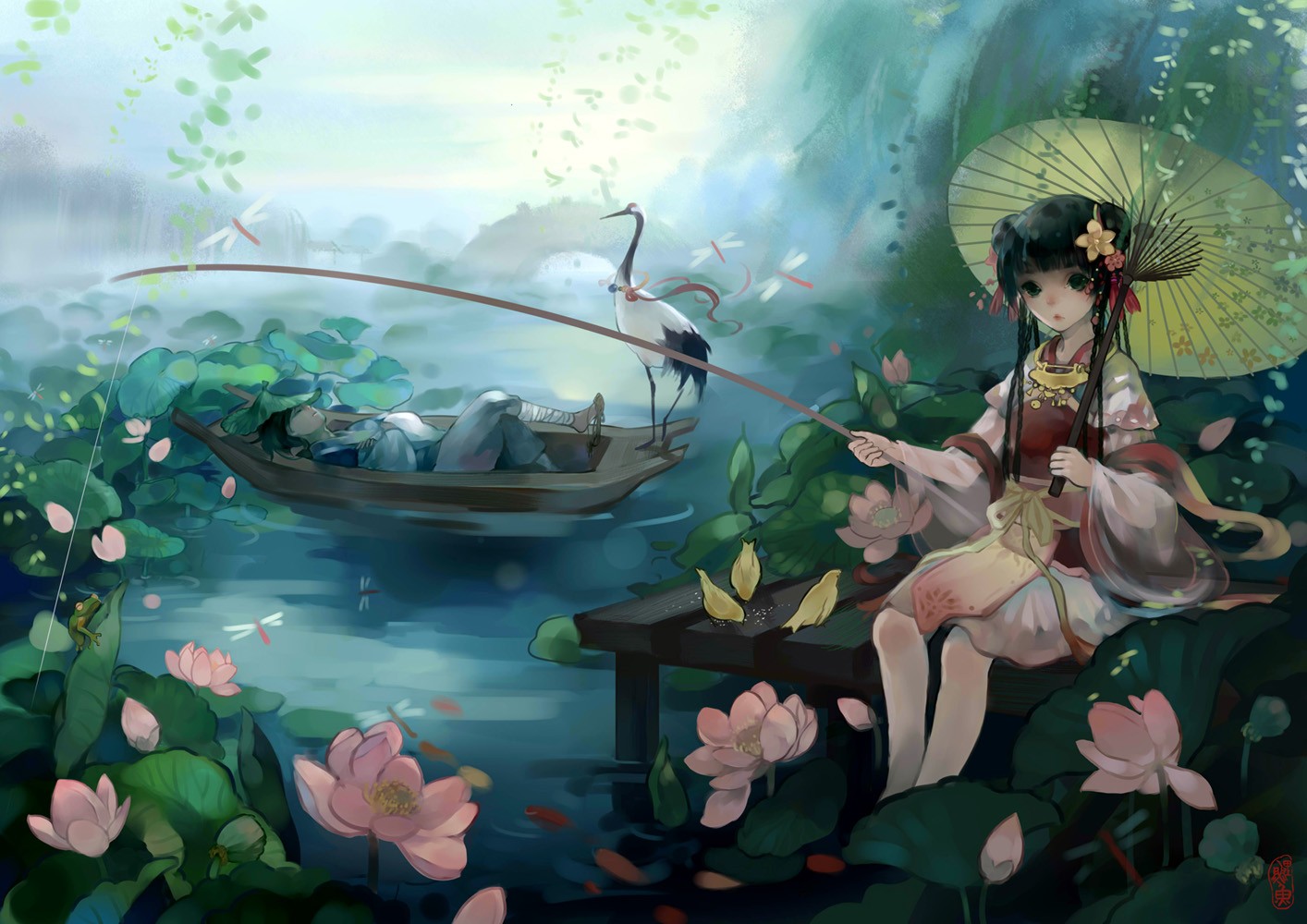 Anime 1414x1000 boat fantasy art anime anime girls sitting dark hair water flowers plants fishing rod women outdoors outdoors fantasy girl birds