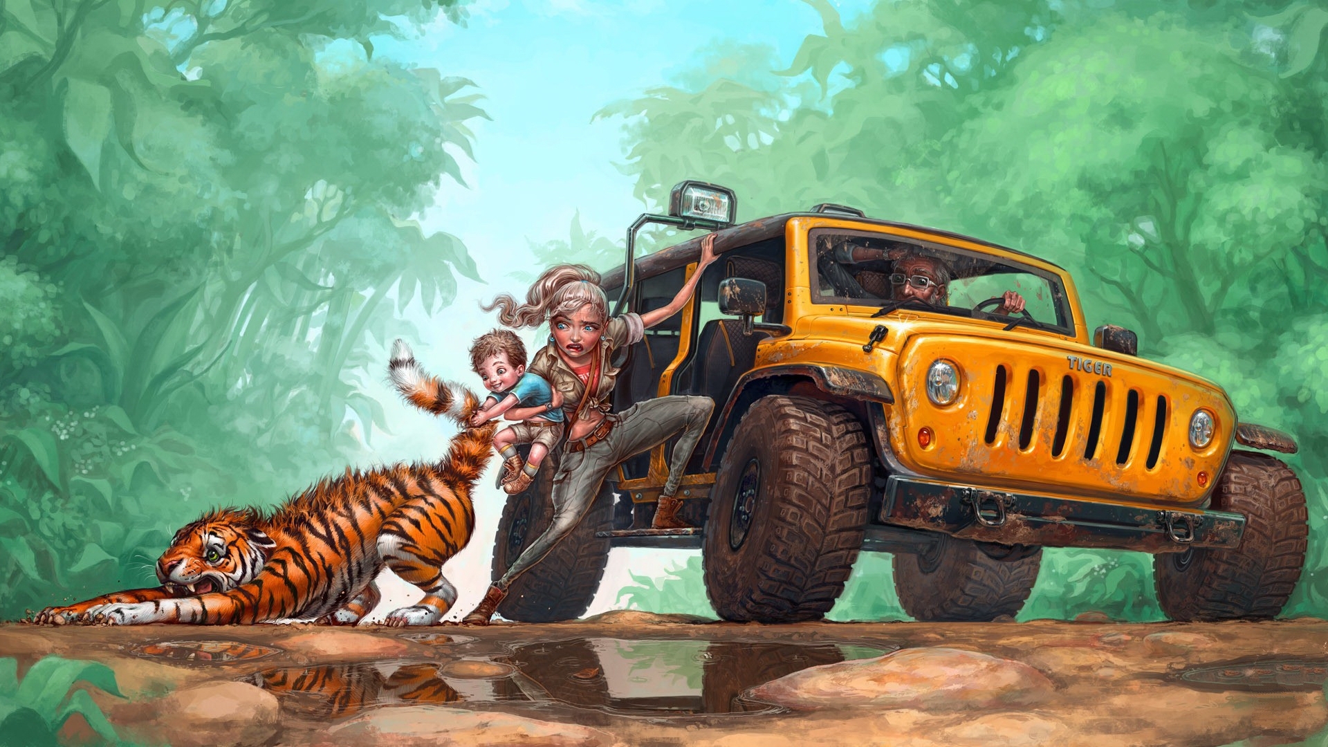 General 1920x1080 car painting humor children animals tiger vehicle artwork