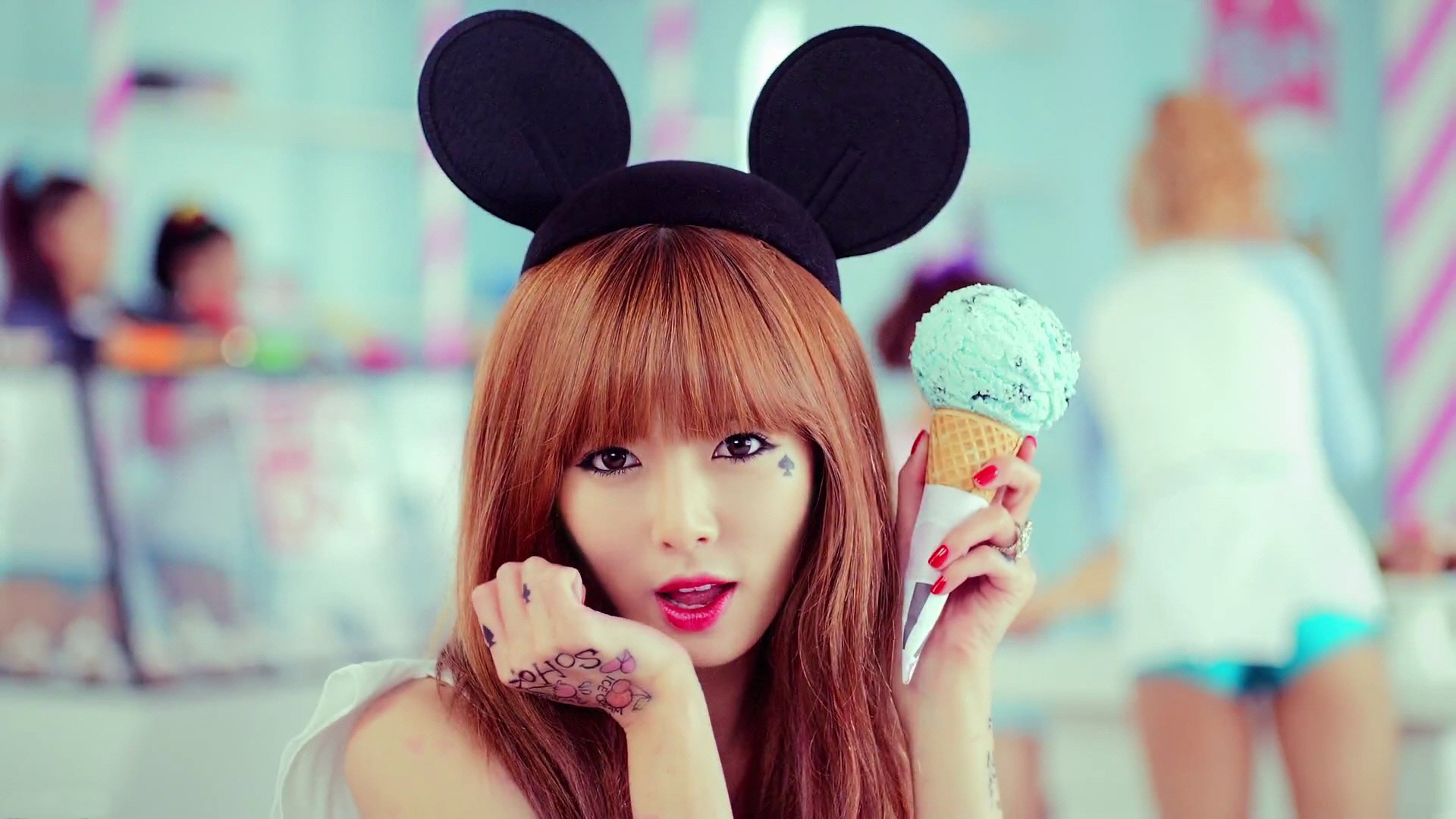 People 1920x1080 Hyuna hairband redhead red lipstick K-pop Korean singer Korean women mouse ears food sweets ice cream makeup dyed hair lipstick inked girls women Asian