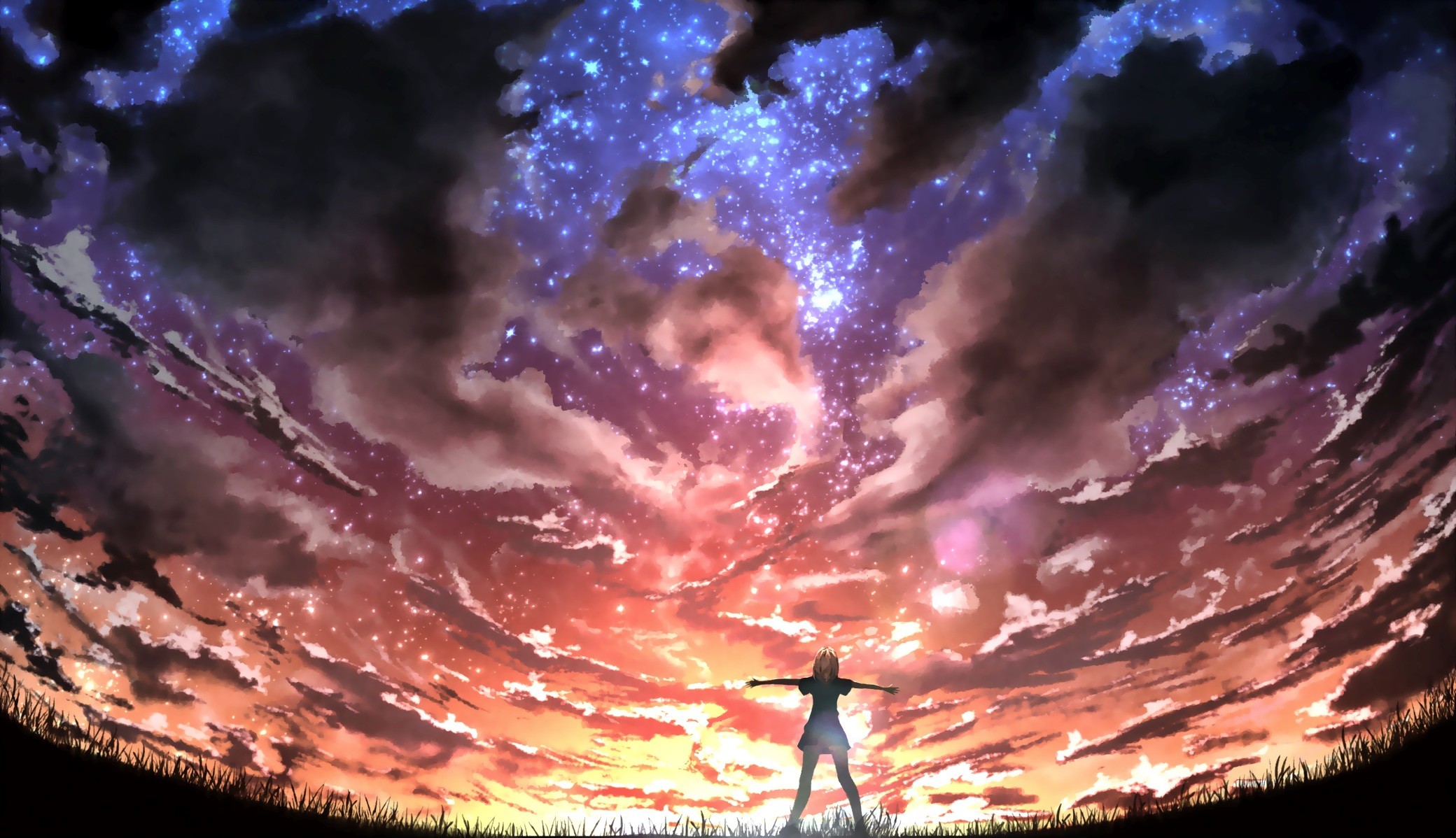 Anime 2080x1198 anime girls sky sunlight anime landscape stars clouds women outdoors standing
