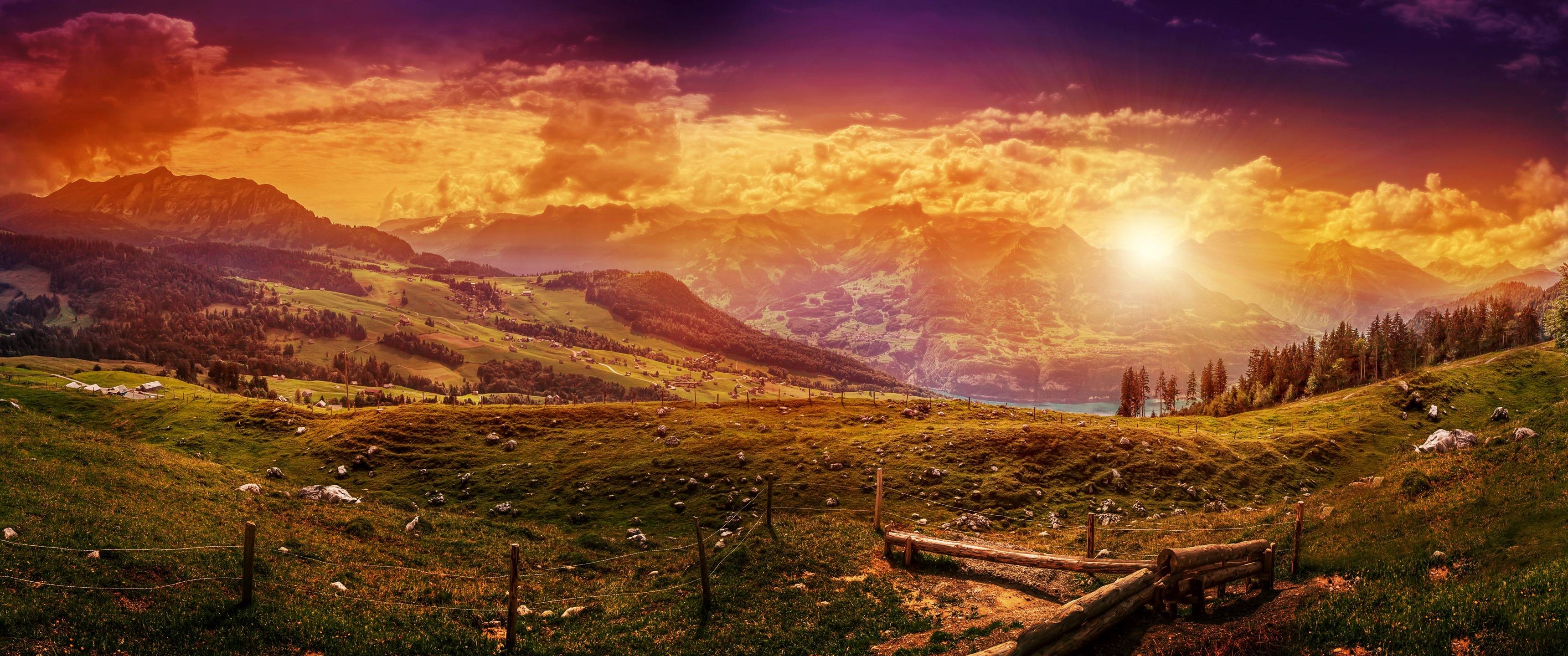General 3440x1440 landscape nature colorful mountains sky sunlight