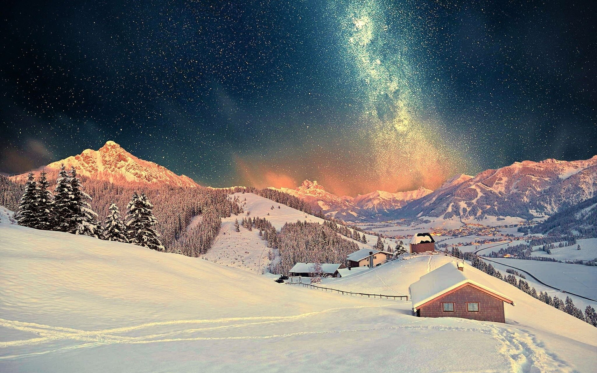 General 1920x1200 pine trees snow stars landscape house night mountains cold outdoors sky