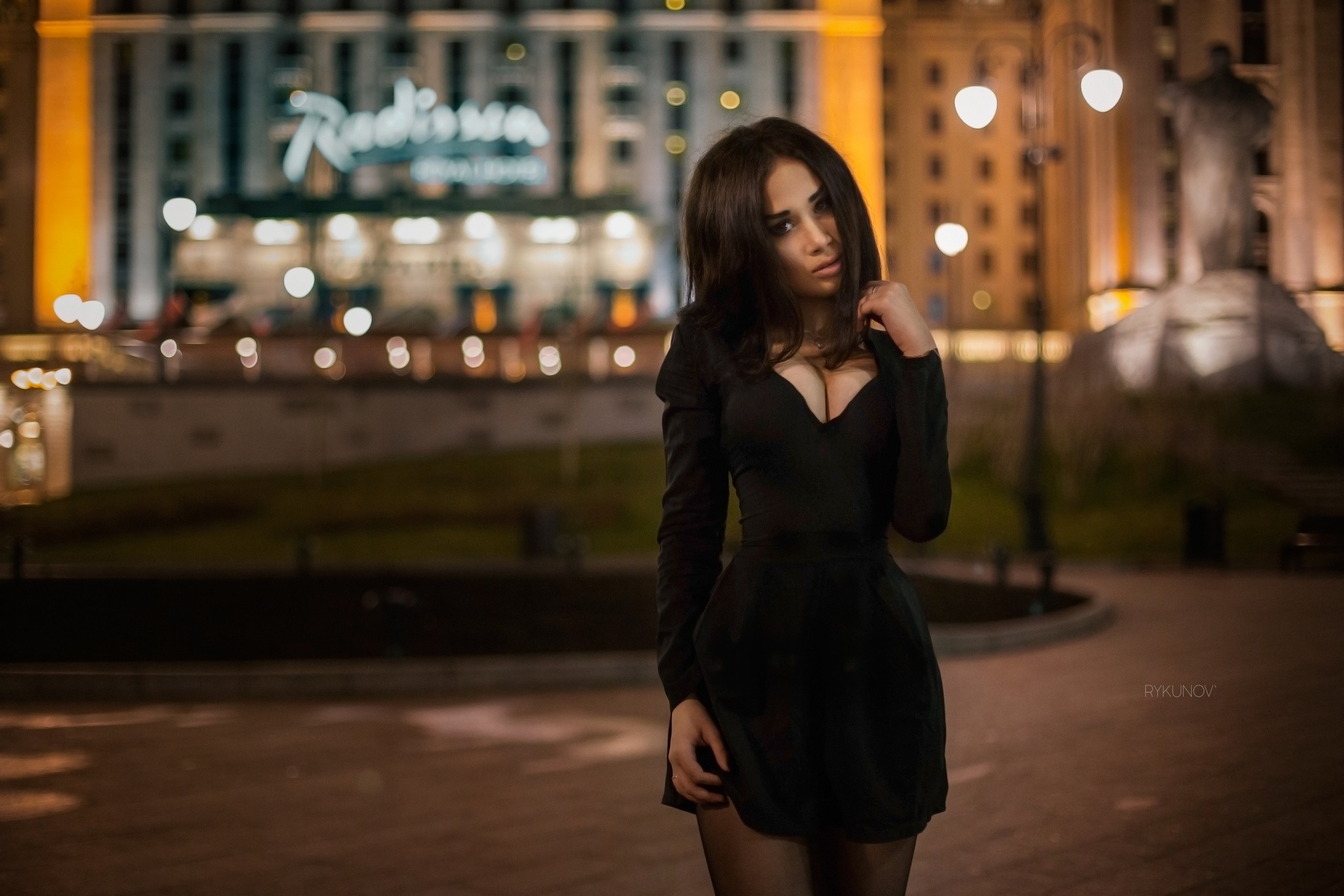 People 2048x1365 women cleavage black dress black clothing women outdoors urban brunette standing model looking at viewer Rykunov