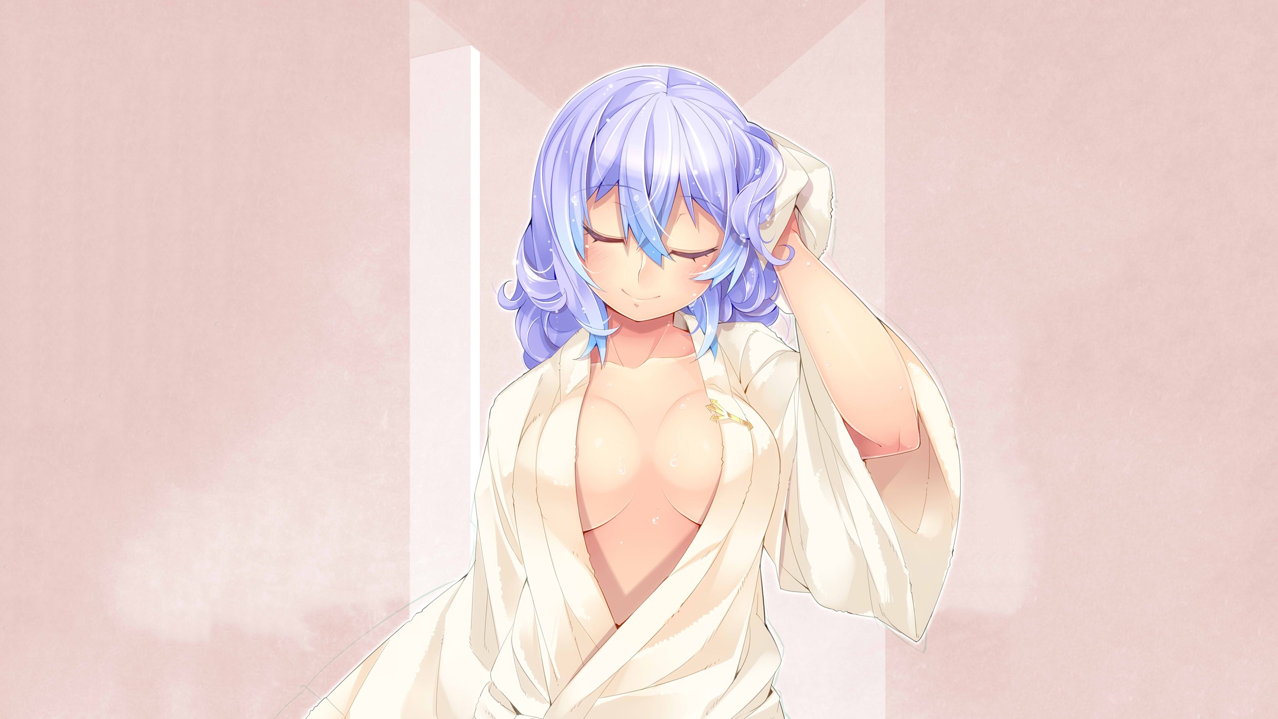 Anime 2560x1440 Letty Whiterock blue hair cleavage robes towel smiling Touhou anime girls anime