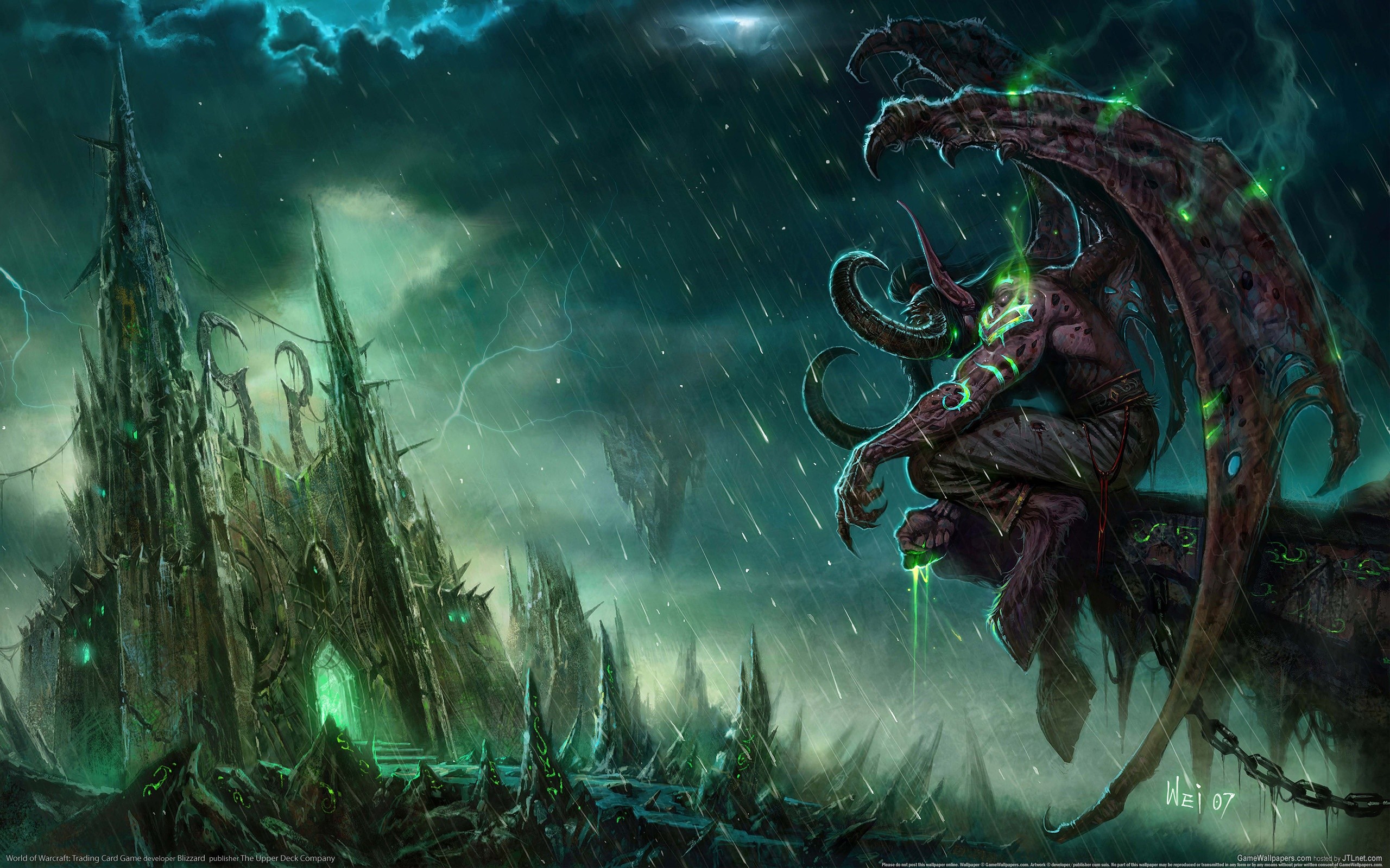General 2560x1600 World of Warcraft: The Burning Crusade Illidan Stormrage Black Temple fantasy art World of Warcraft video games PC gaming video game art rain horns storm