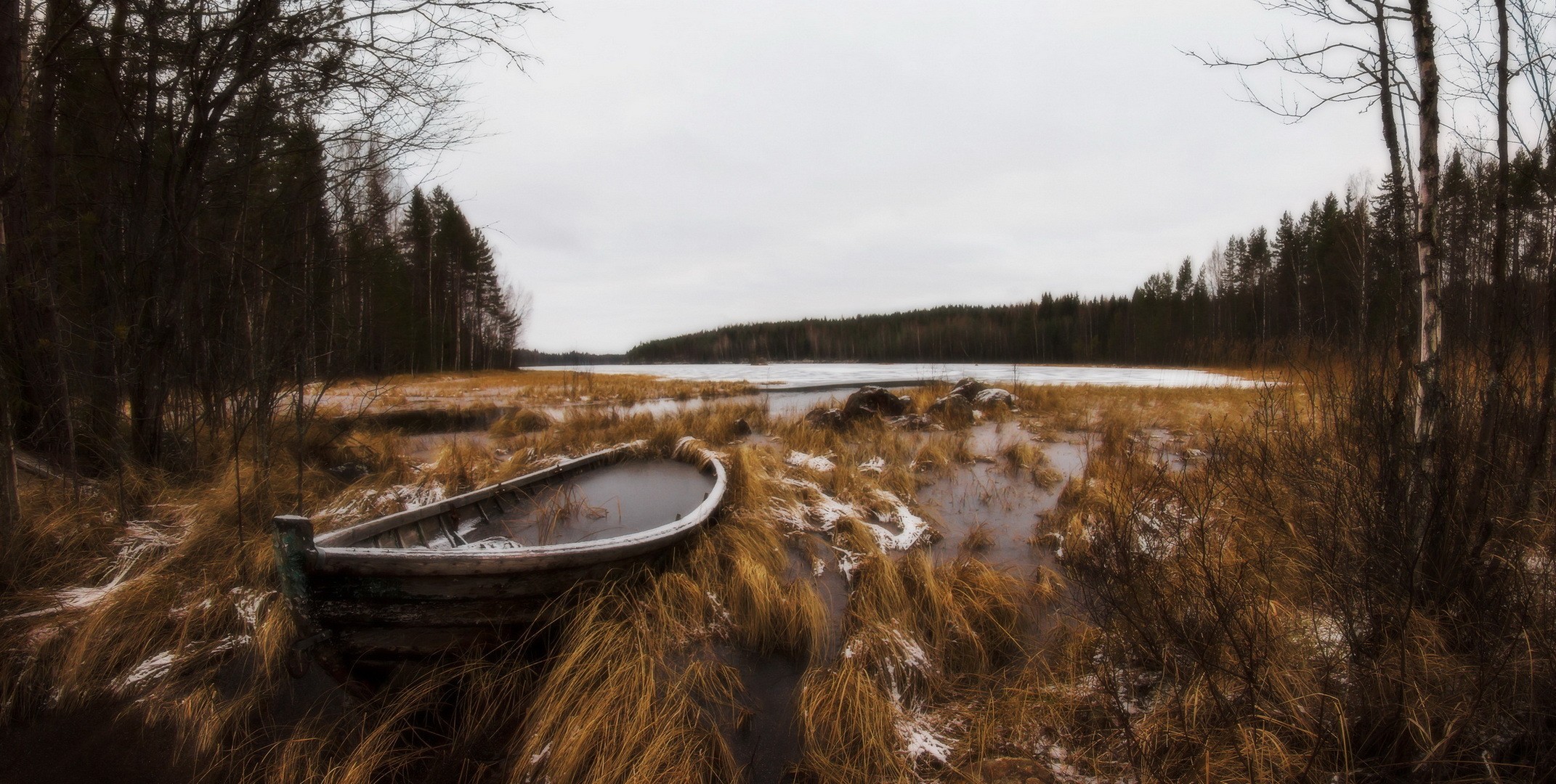 General 2142x1080 plants landscape trees boat overcast fall frozen lake ice lake nature grass forest vehicle wreck
