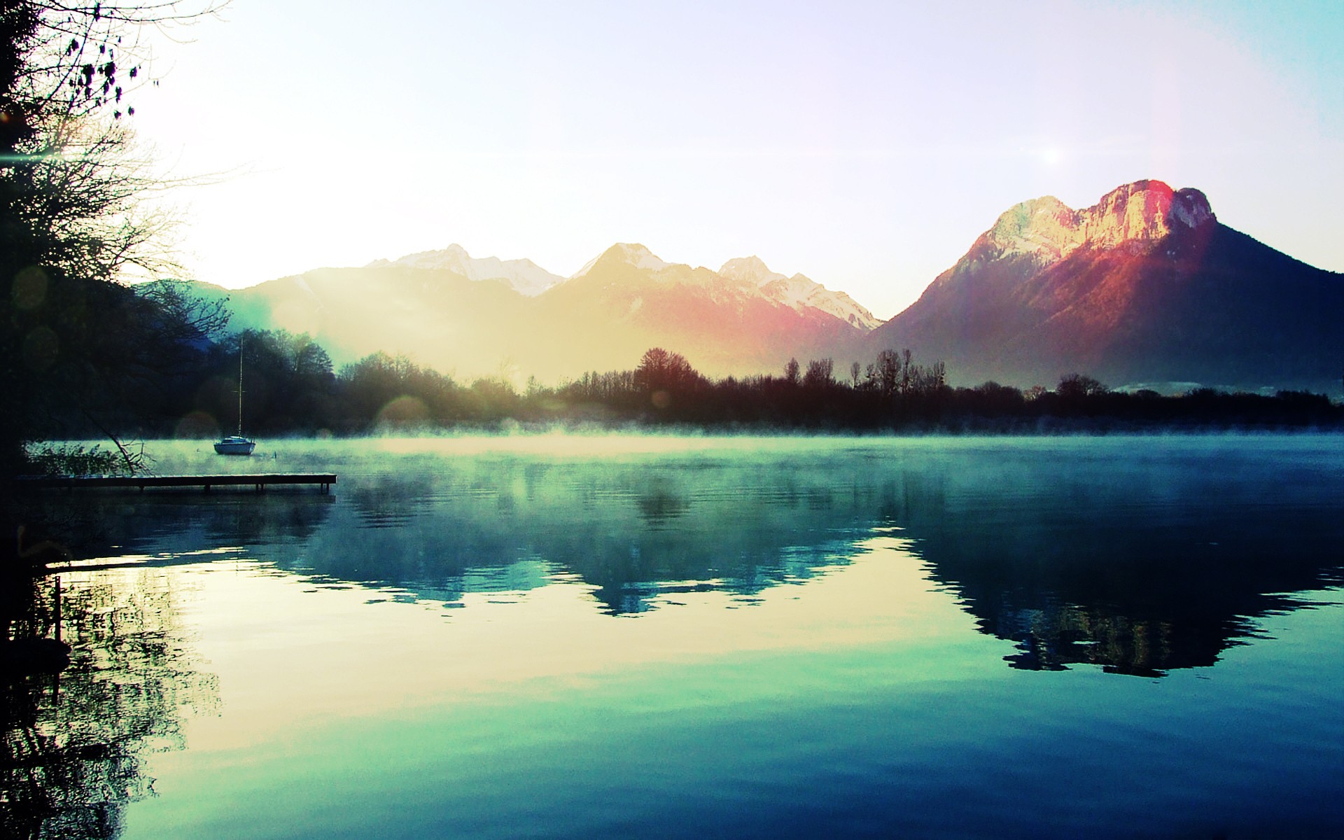 General 1920x1200 water lake mountains landscape nature calm pier boat sunlight mist sky reflection