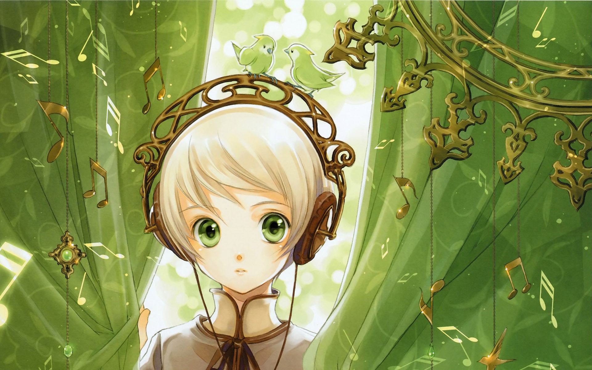 Anime 1920x1200 anime girls anime blonde musical notes green eyes face headphones birds animals