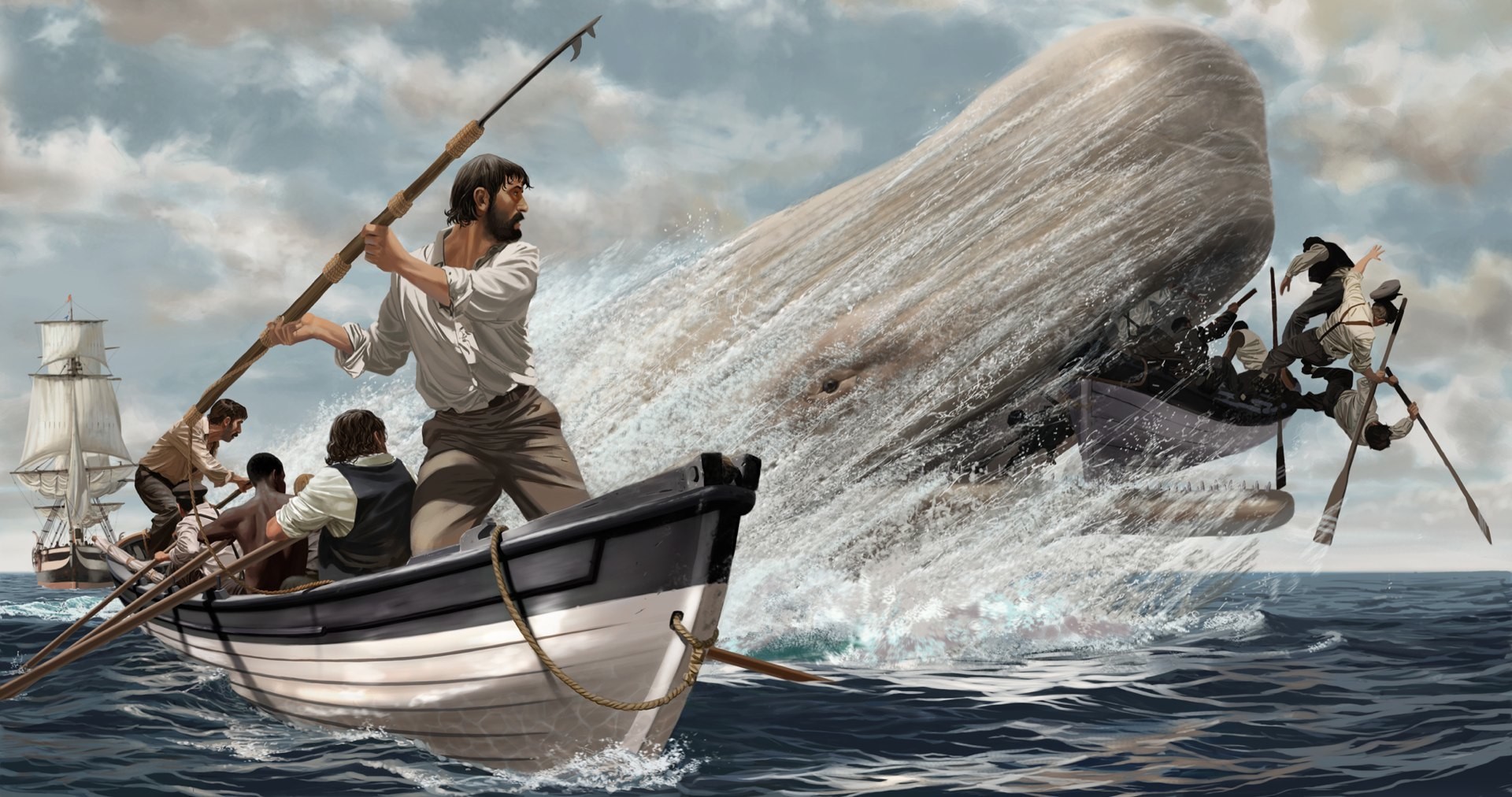 General 1920x1012 nature animals sea Moby Dick whale artwork men boat ship waves fighting