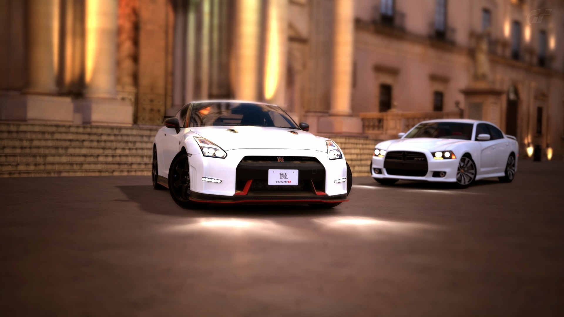 General 1920x1080 Gran Turismo 6 Nissan GT-R car Nissan vehicle white cars Dodge Dodge Charger muscle cars Japanese cars American cars Stellantis