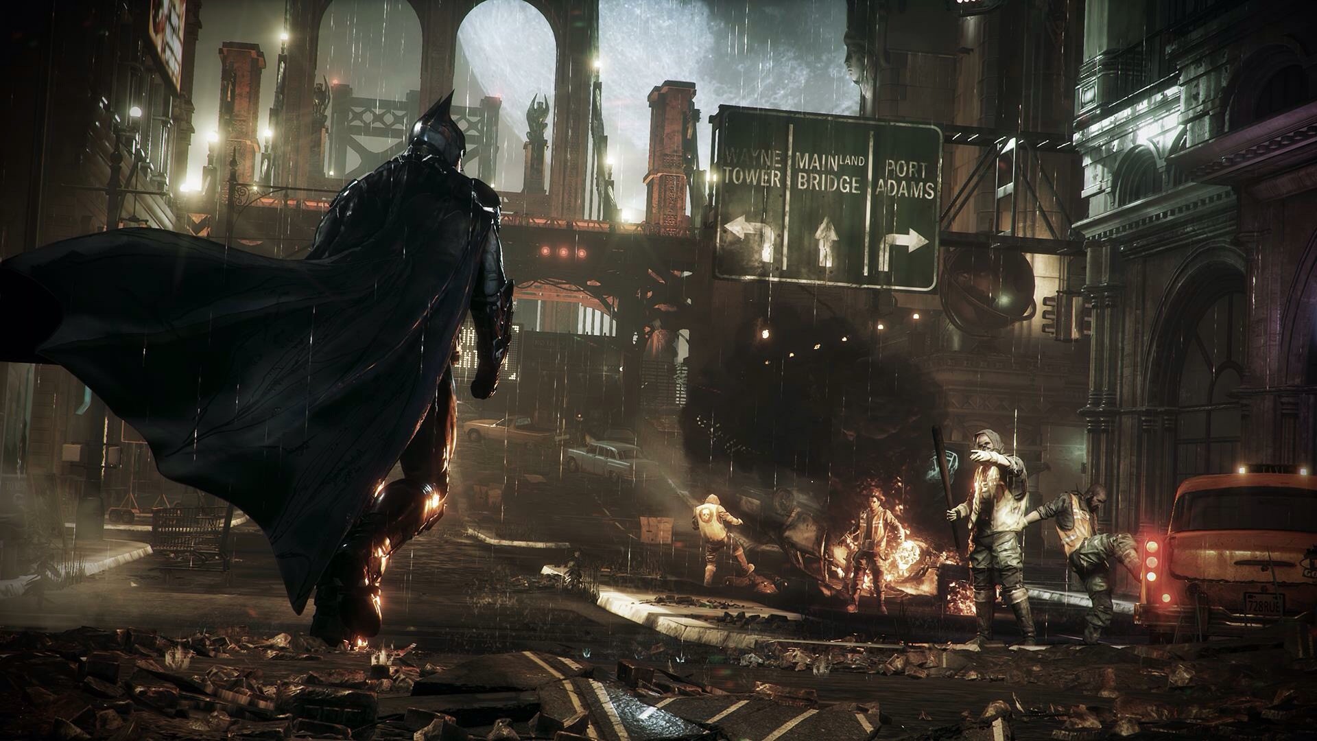 General 1920x1080 Batman Gotham City Batman: Arkham Knight fire street building smoke taxi video games PC gaming