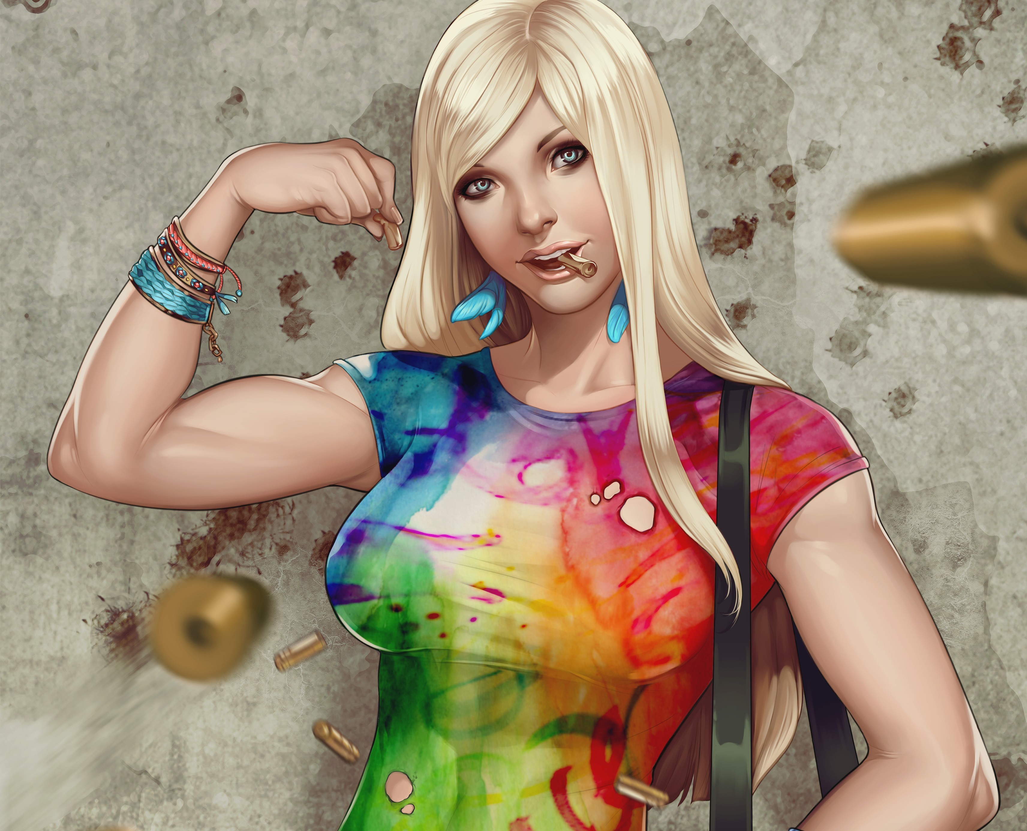 General 3425x2770 blonde colorful artwork muscles women bullet boobs long hair looking at viewer ammunition