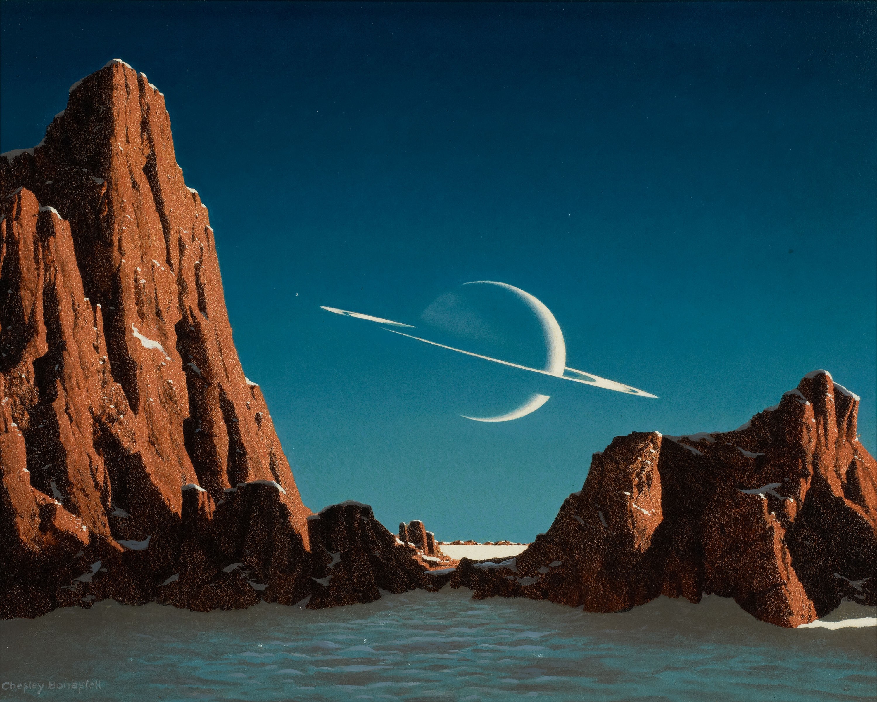 General 3000x2403 artwork space art planet landscape planetary rings Chesley Bonestell digital art sky rocks