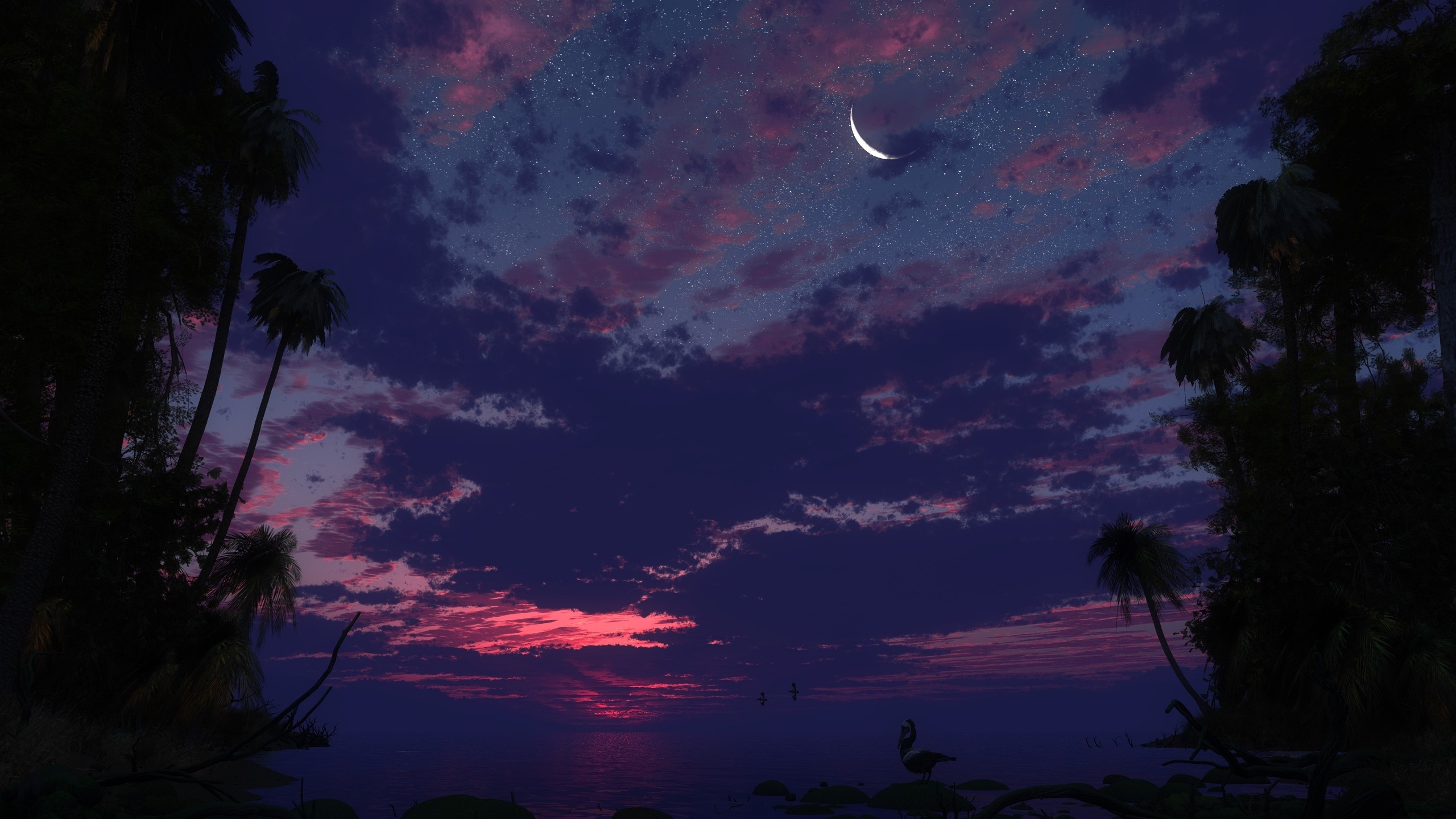 General 2560x1440 artwork digital art beach island sunset stars sky Moon dark nature