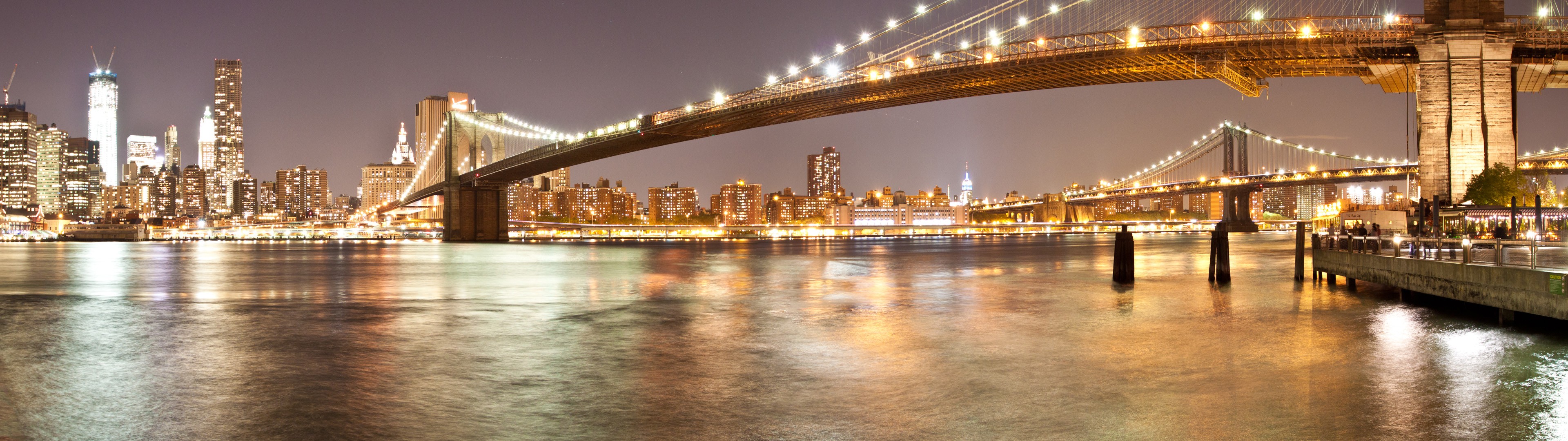 General 3840x1080 New York City city lights Brooklyn Bridge bridge Manhattan cityscape USA