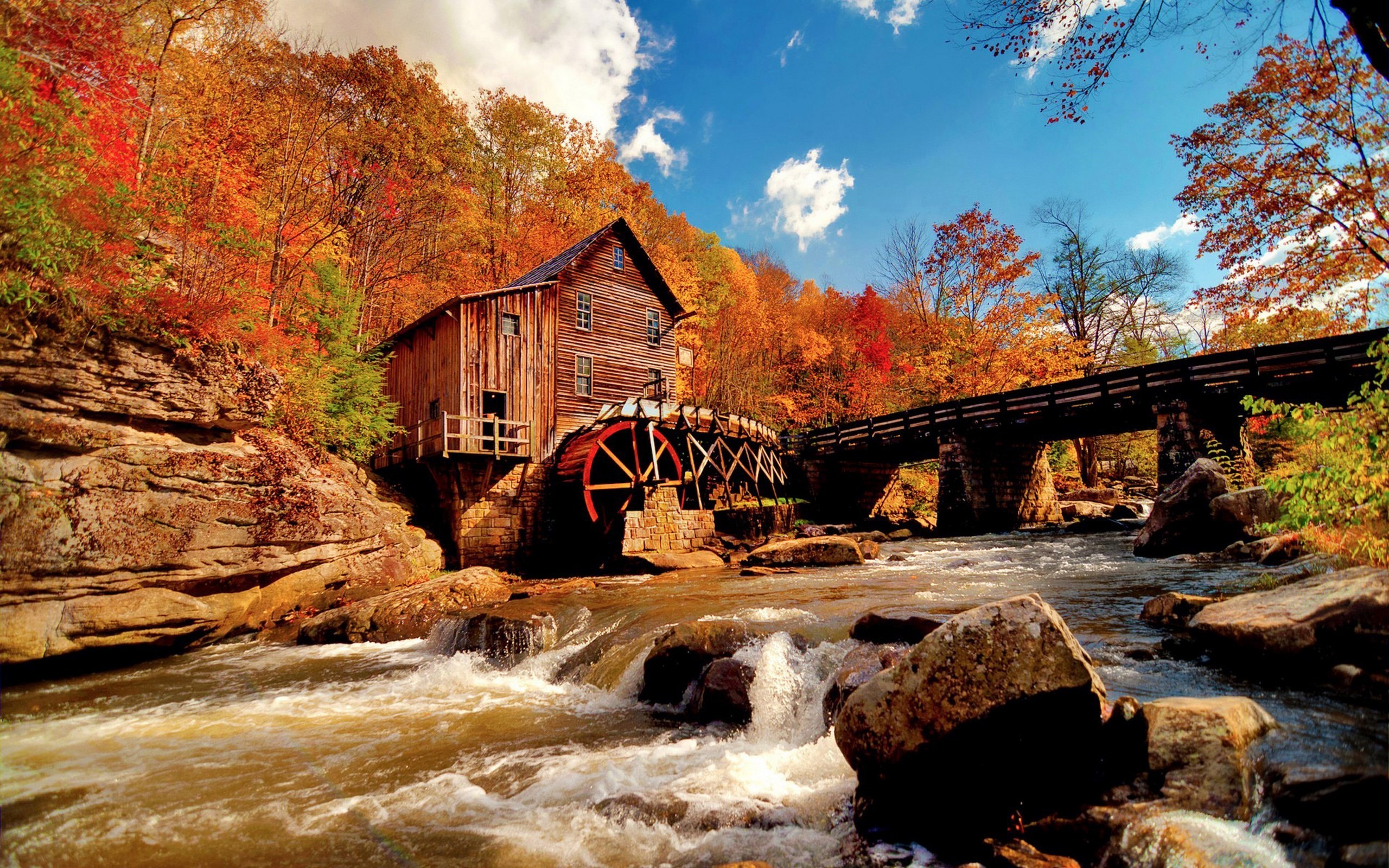 General 2560x1600 watermills river forest bridge fall wood house nature