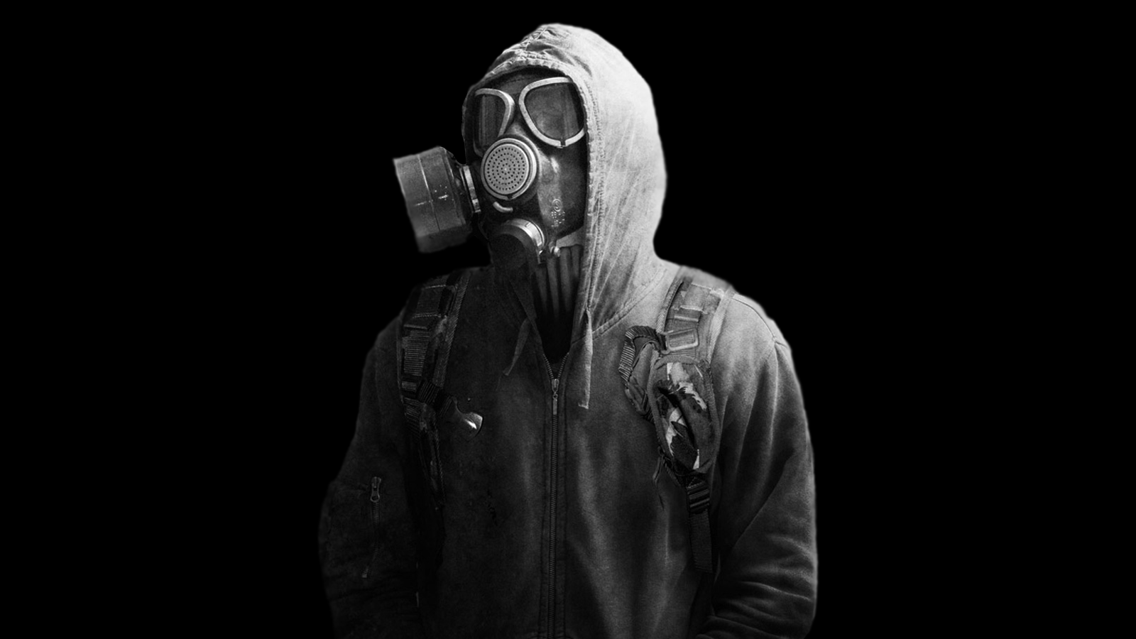 General 1600x900 gas masks monochrome hoods simple background black background men