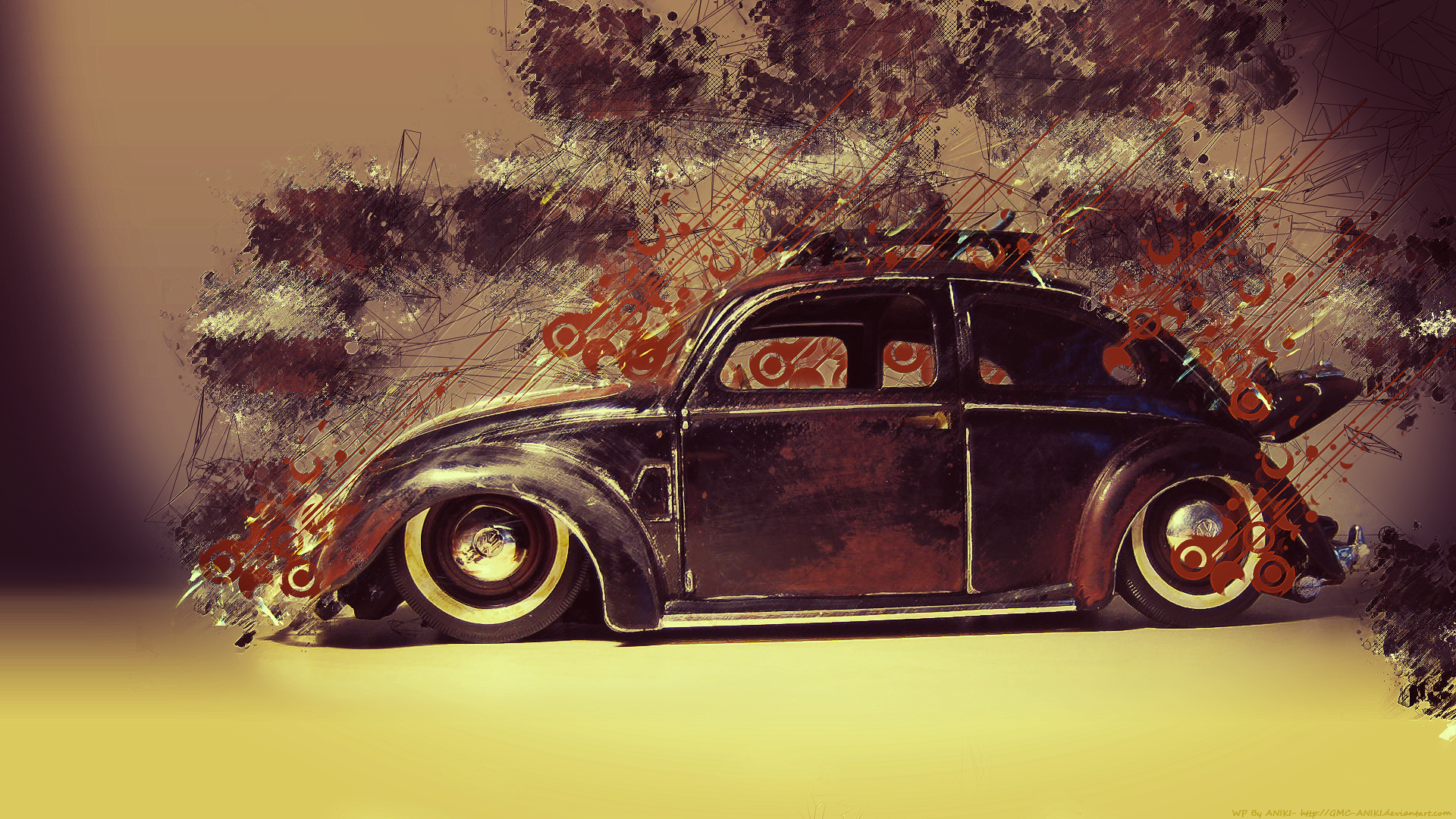 General 1920x1080 car old car classic car artwork digital art Volkswagen Volkswagen Beetle painting paint splatter outline vehicle